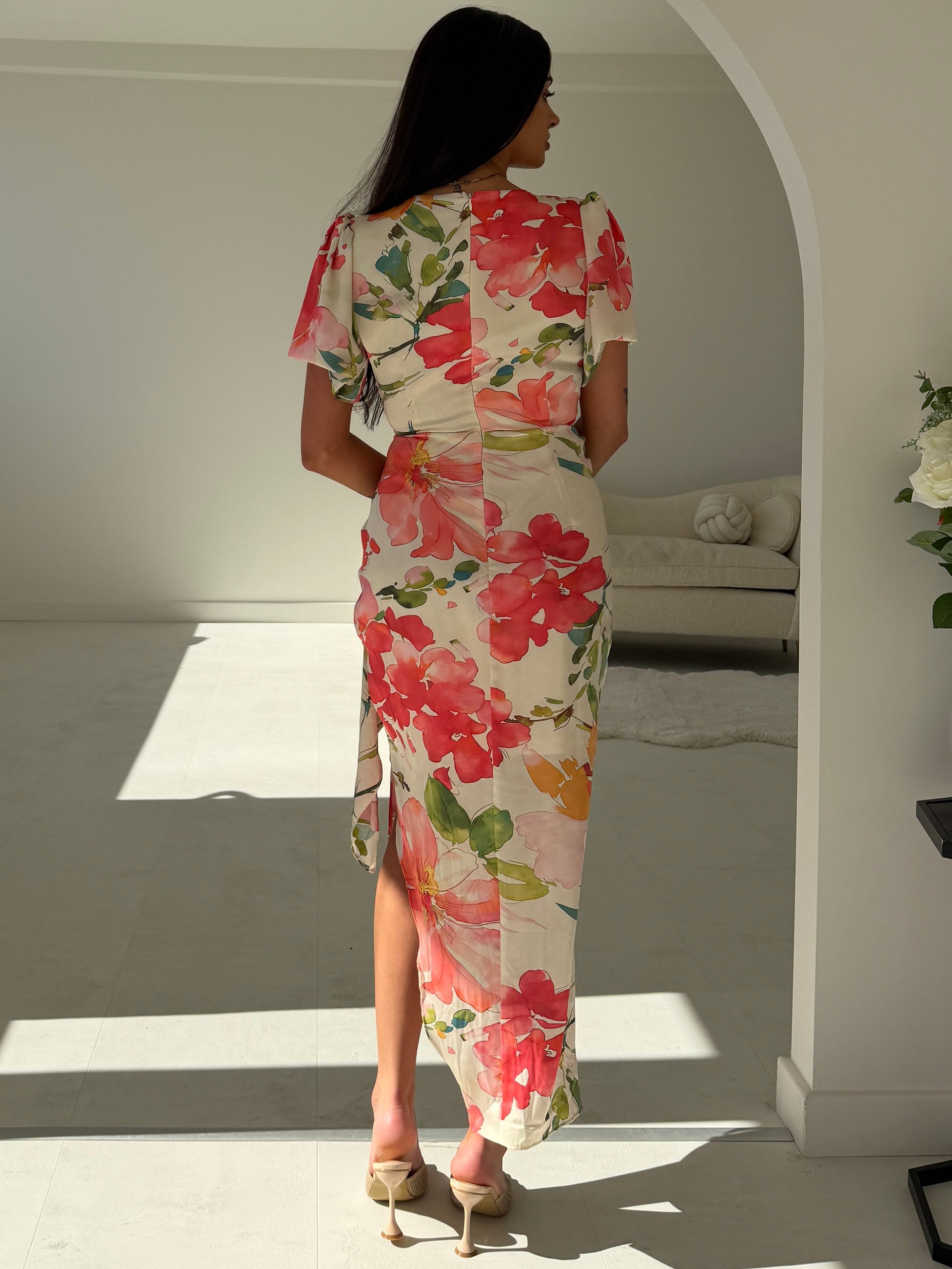 Drew Puff Sleeve Wrap Front Midi Dress Floral Print