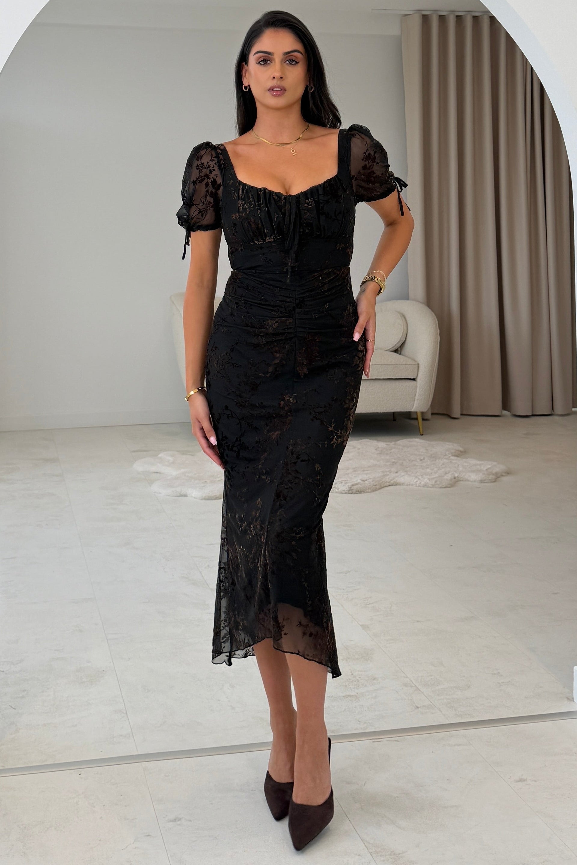 Dove  Ruched Detail Midi Dress In Brown Flocked