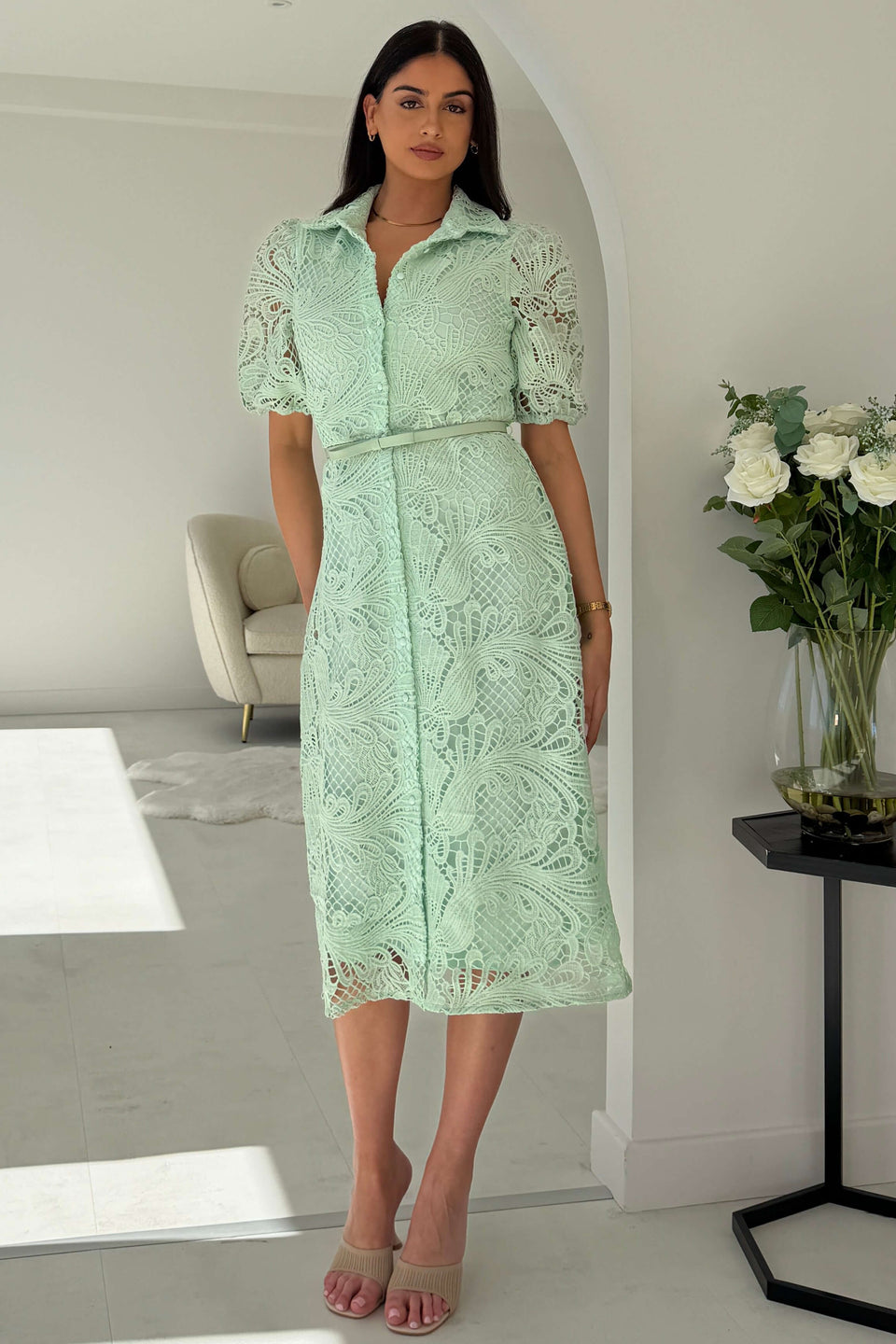 Bracken Short  Sleeve Lace Shirt Midi Dress Pastel Green