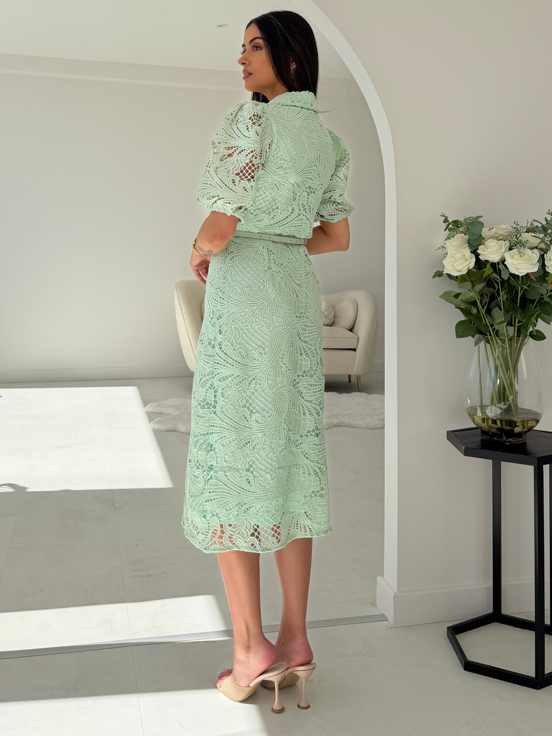 Bracken Short  Sleeve Lace Shirt Midi Dress Pastel Green