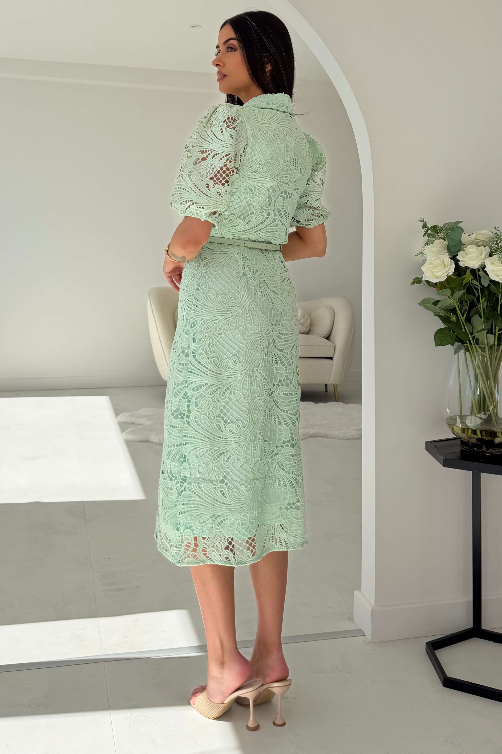 Bracken Short  Sleeve Lace Shirt Midi Dress Pastel Green