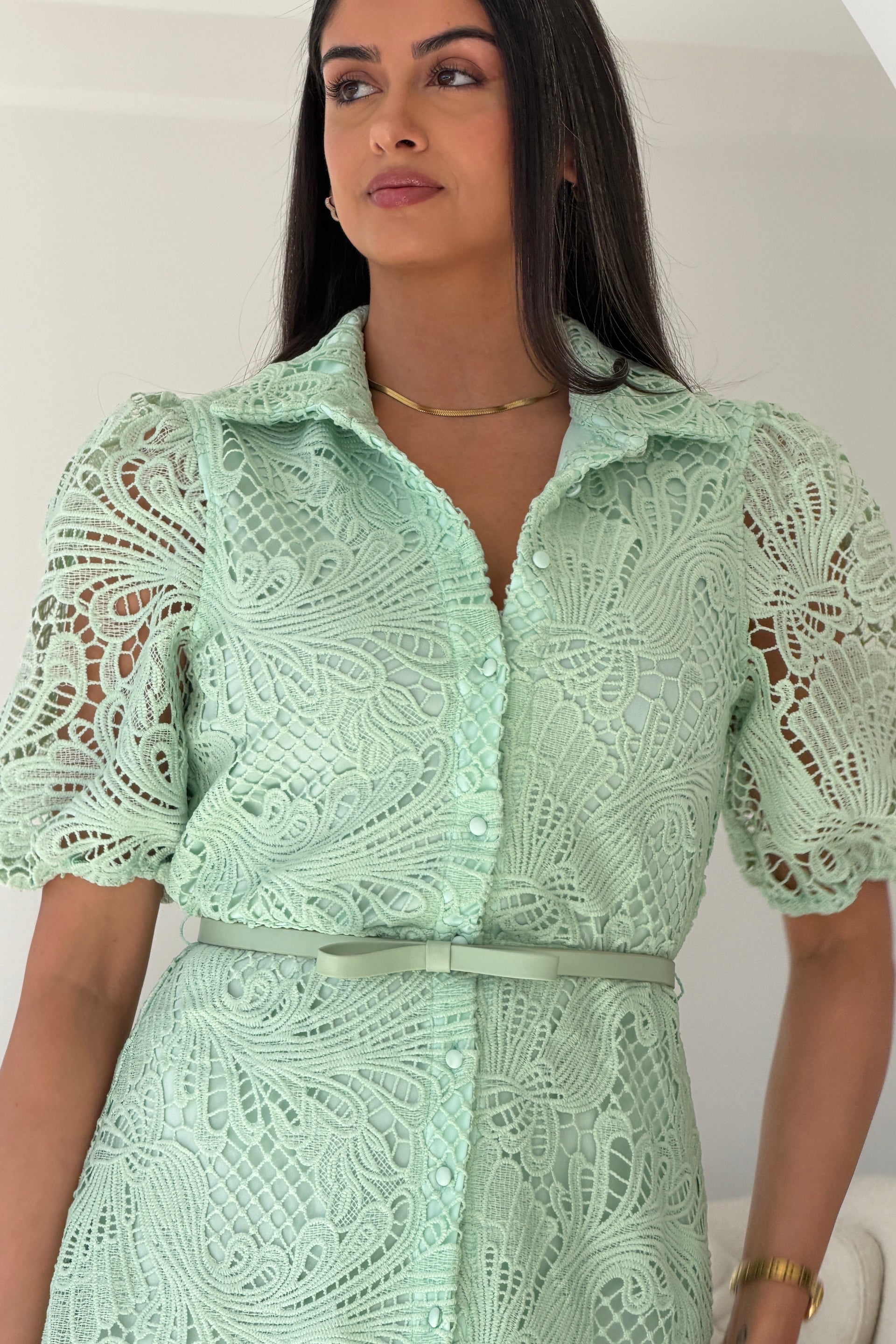 Bracken Short  Sleeve Lace Shirt Midi Dress Pastel Green