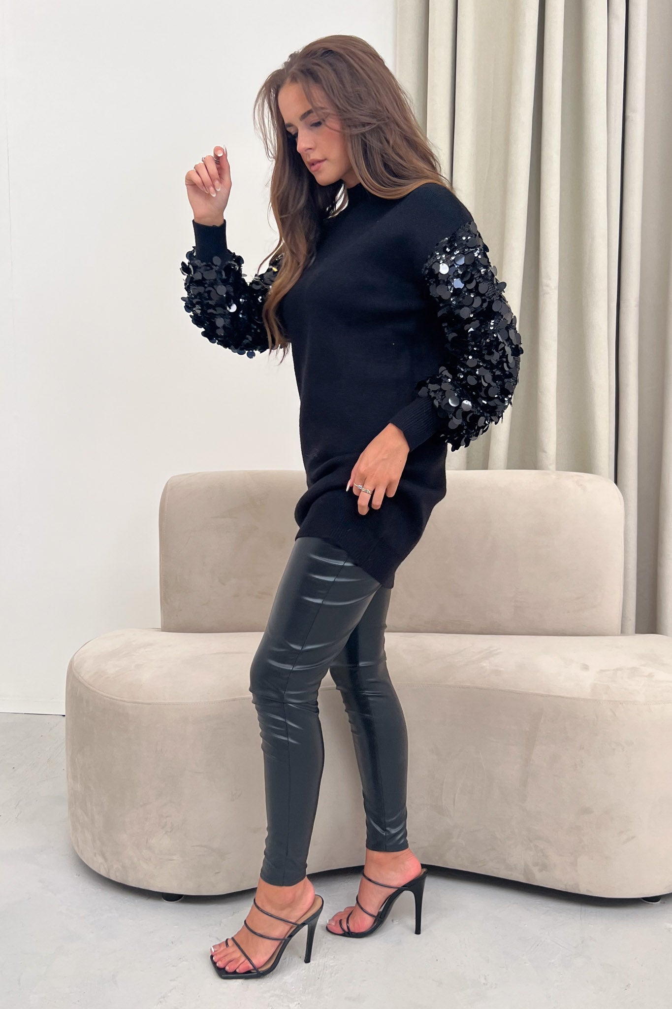 Amelie Sequin Sleeves Jumper Dress Black