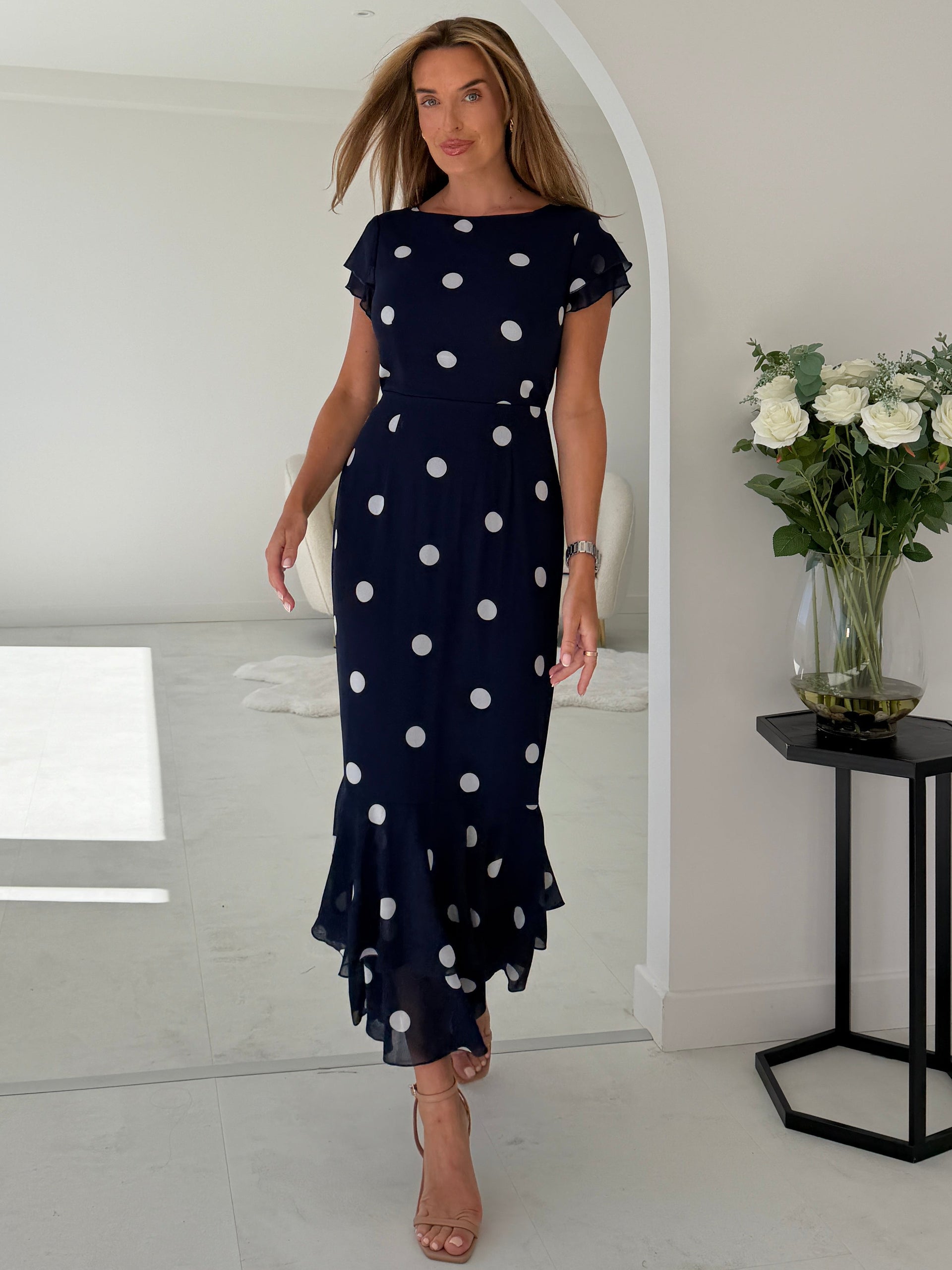 Roxy Boat Neck Frill Midi Navy Spot