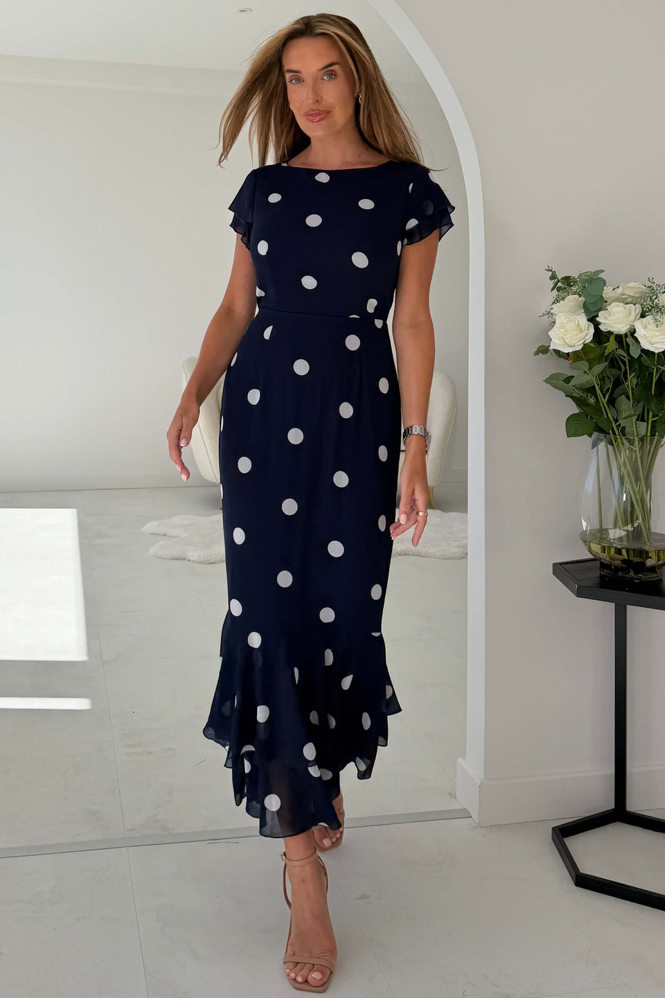 Roxy Boat Neck Frill Midi Navy Spot