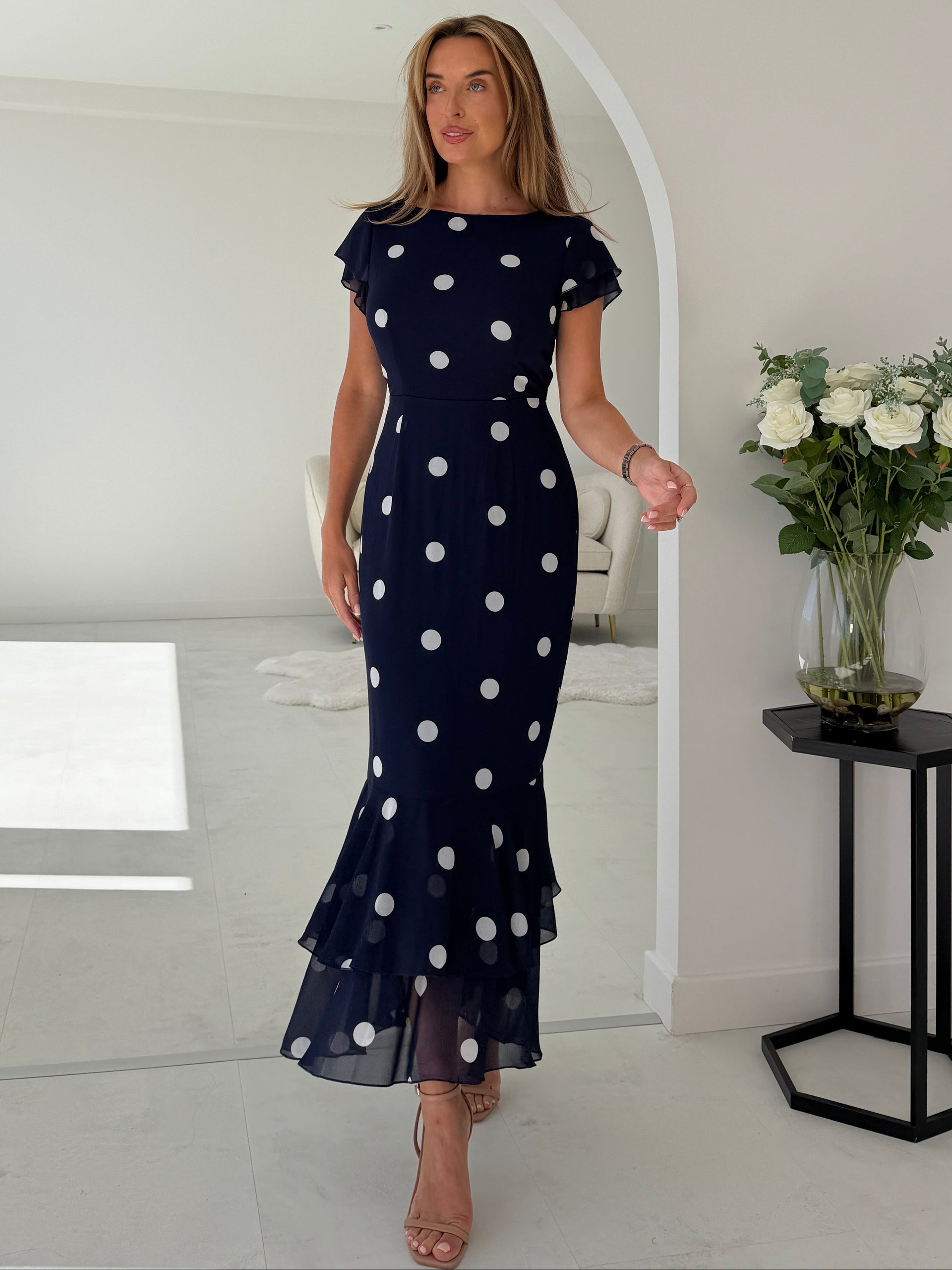 Roxy Boat Neck Frill Midi Navy Spot