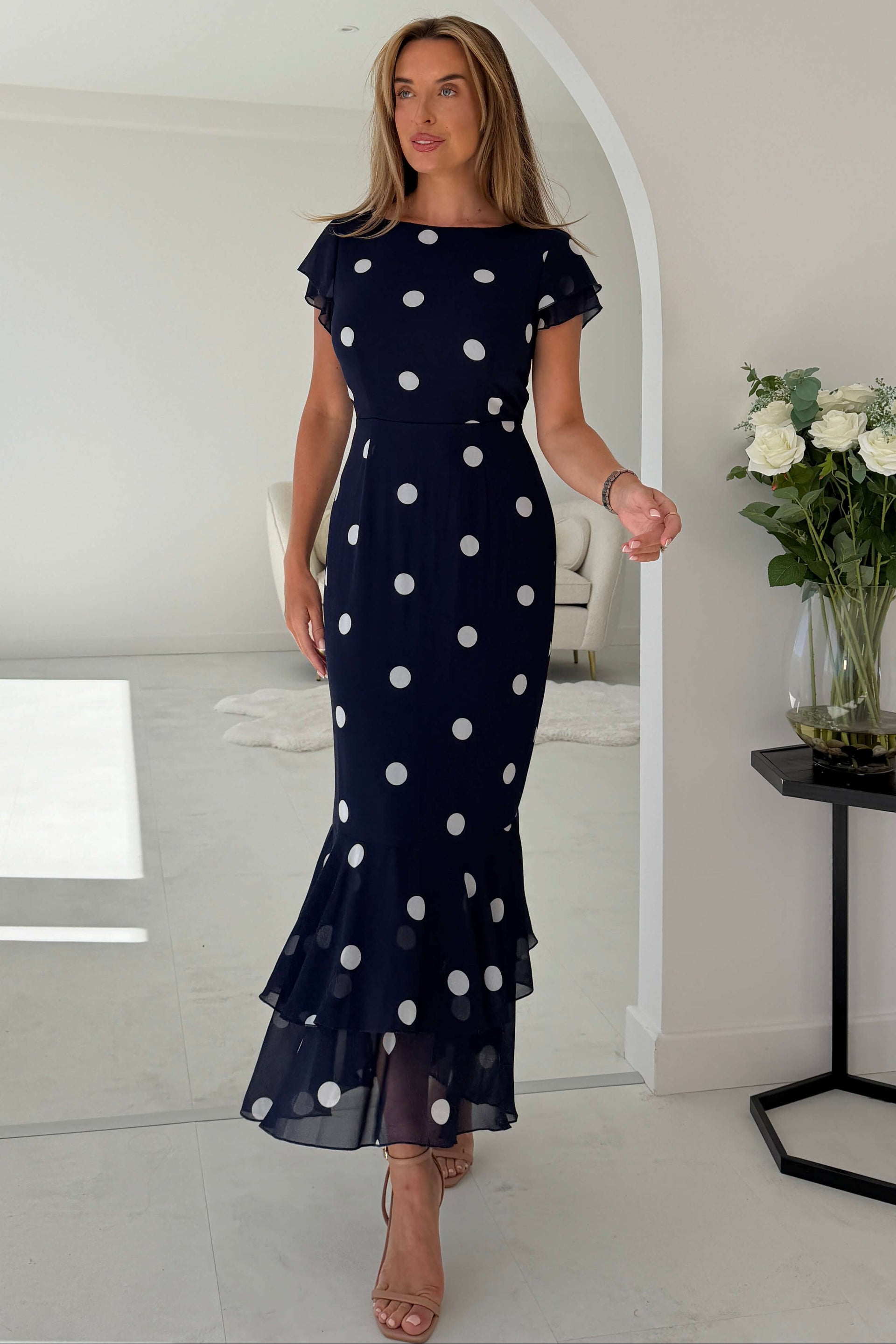 Roxy Boat Neck Frill Midi Navy Spot