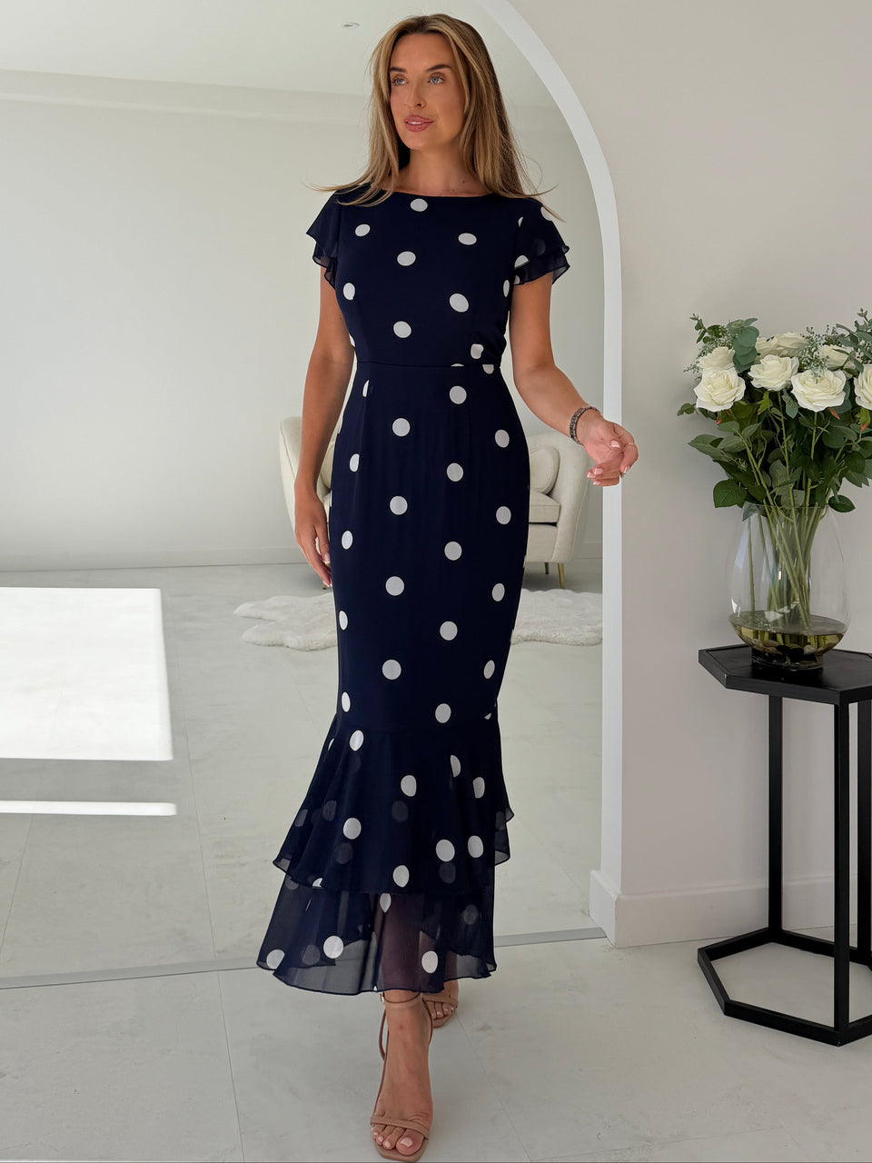 Roxy Boat Neck Frill Midi Navy Spot