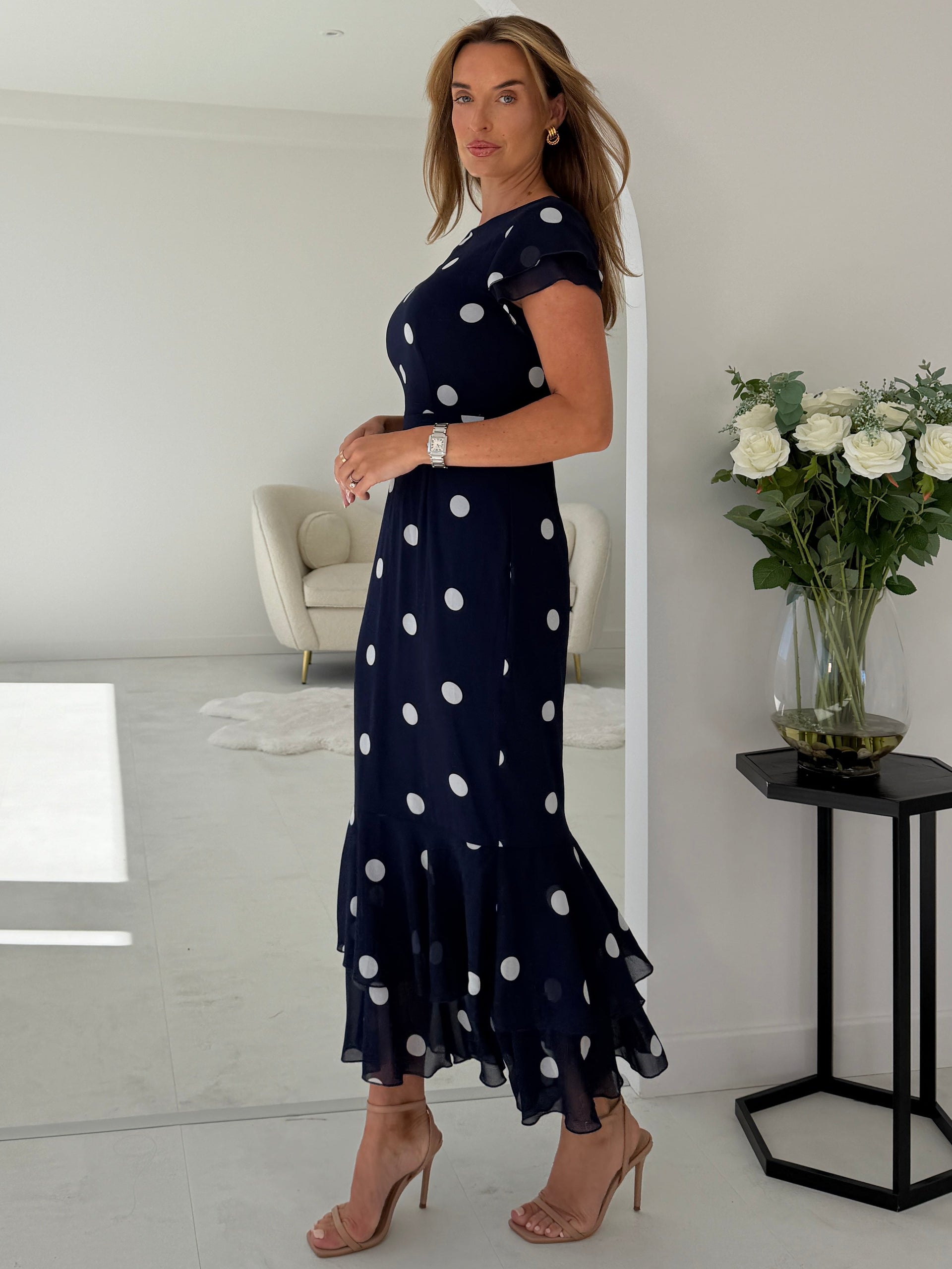 Roxy Boat Neck Frill Midi Navy Spot