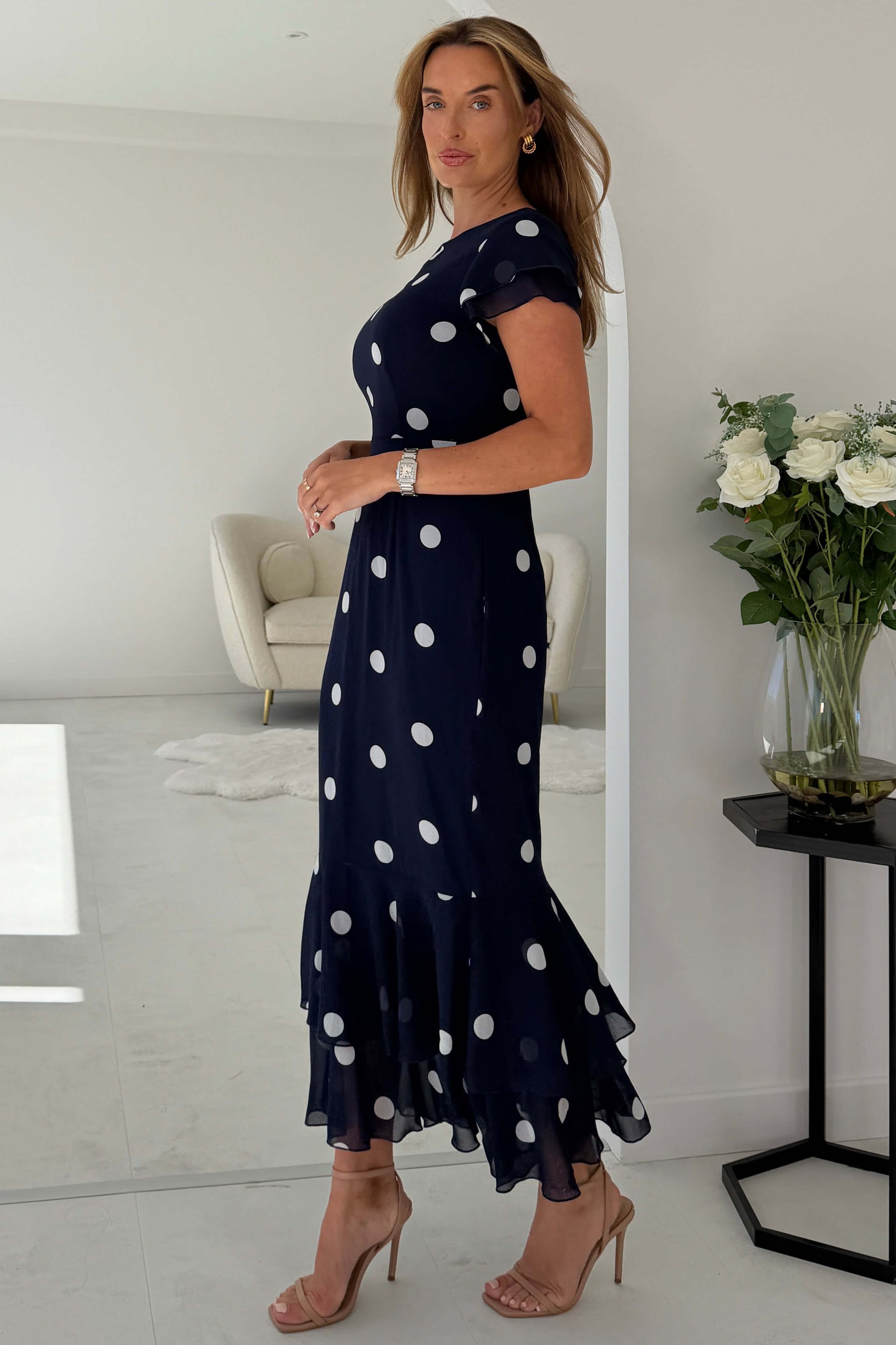 Roxy Boat Neck Frill Midi Navy Spot