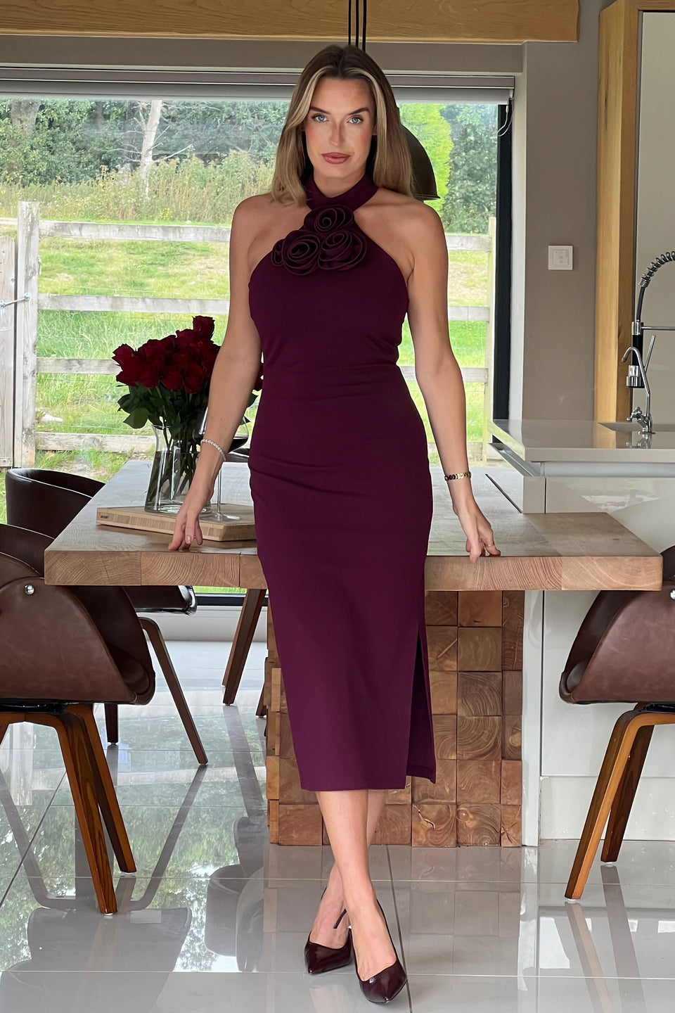 Dolly 3D Floral Halterneck Midi Dress Plum