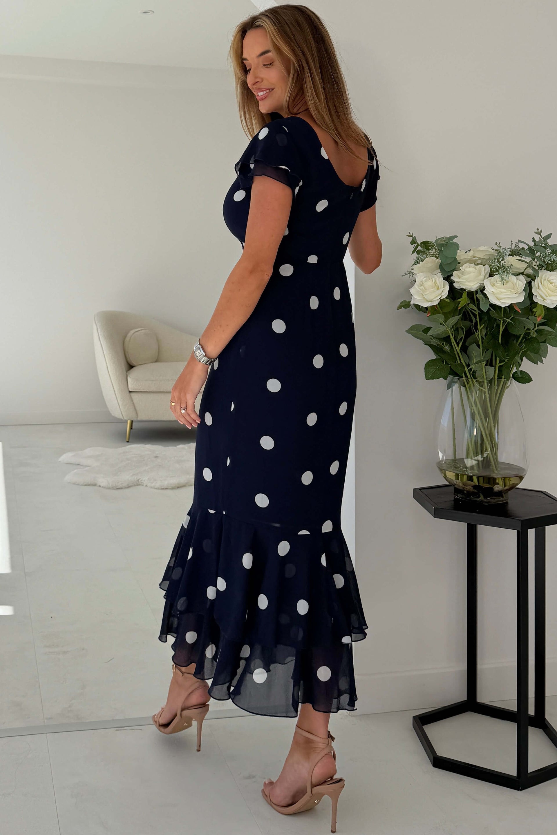 Roxy Boat Neck Frill Midi Navy Spot