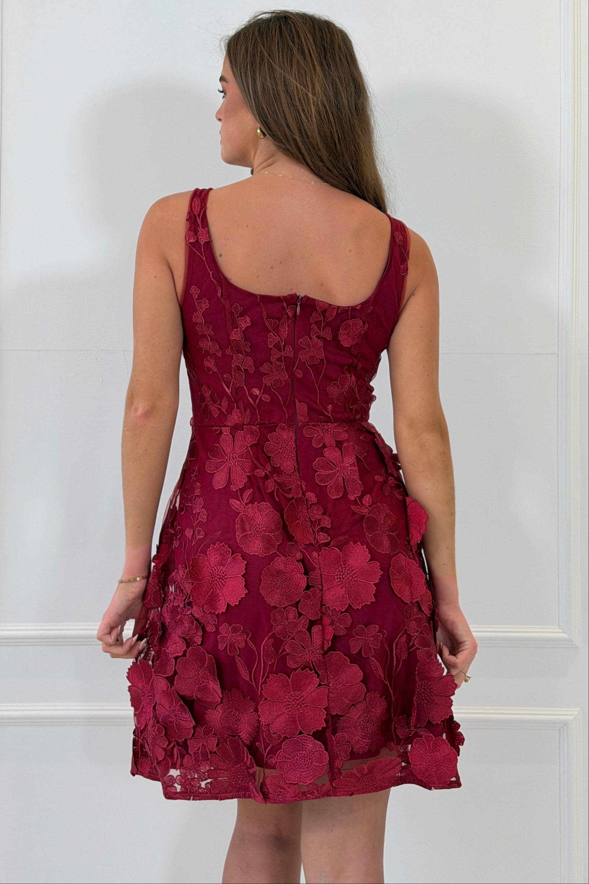 Celeste 3D Floral Square Neck Mini Dress Wine