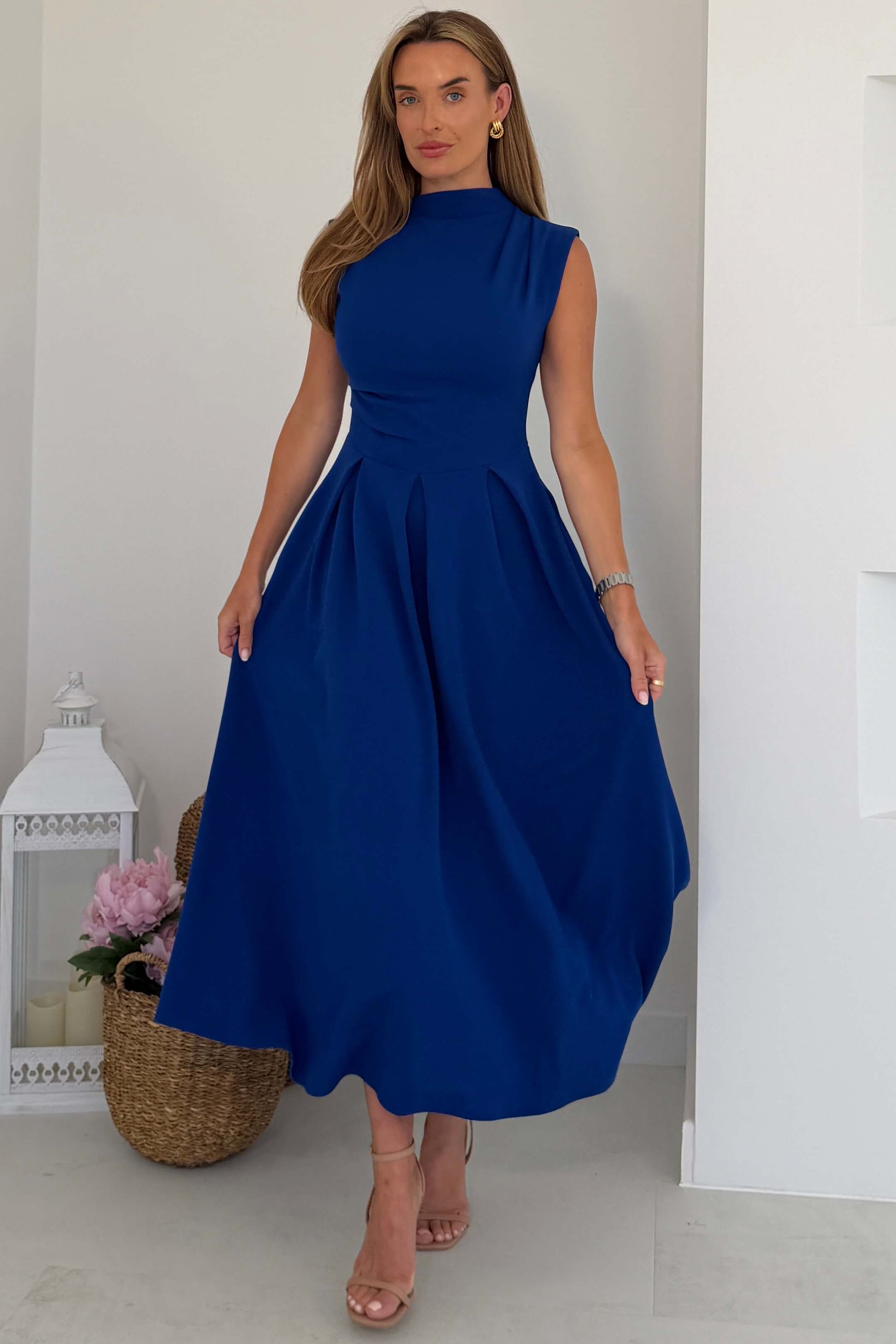 Romy Pleated Neck Midi Dress Cobalt