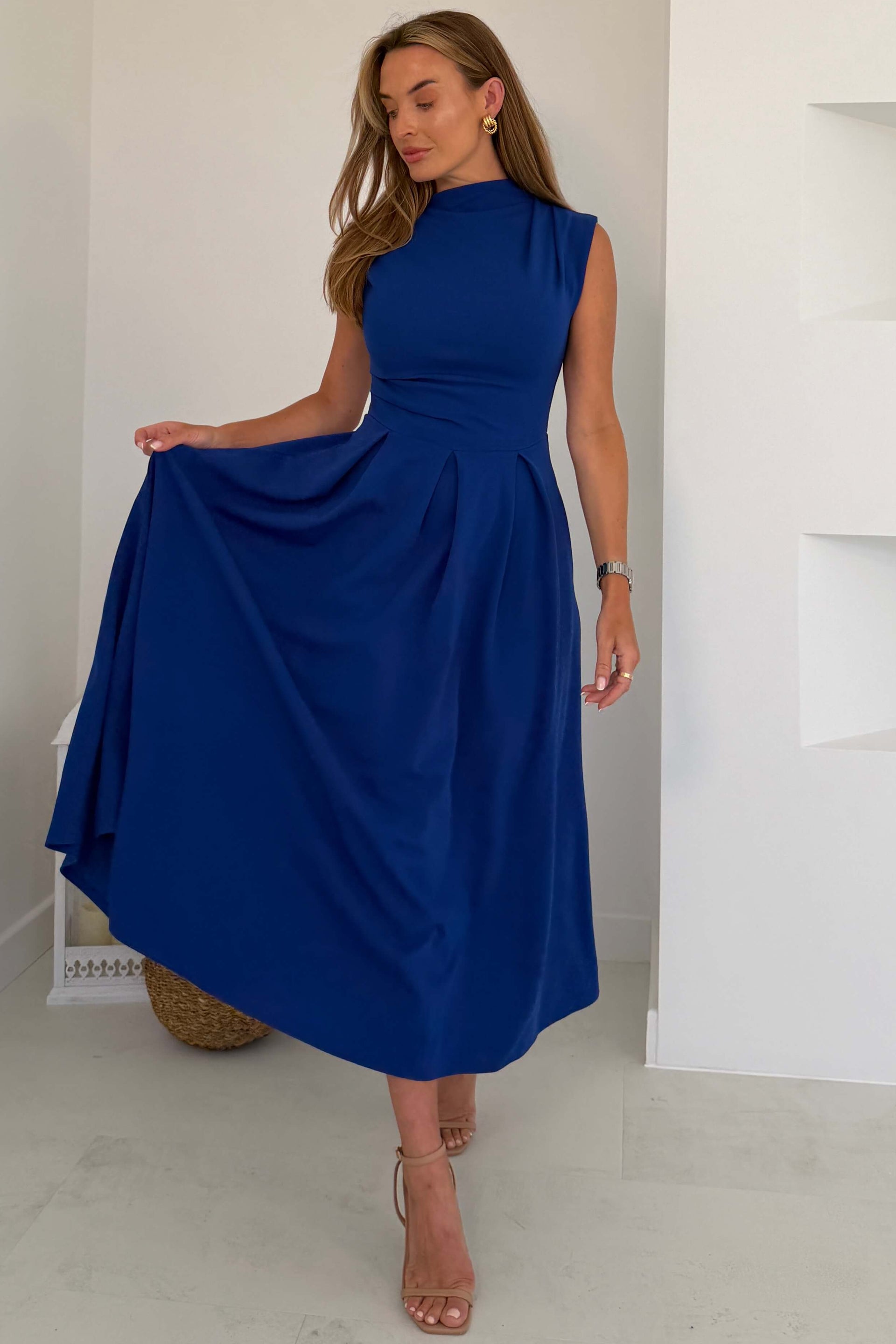 Romy Pleated Neck Midi Dress Cobalt