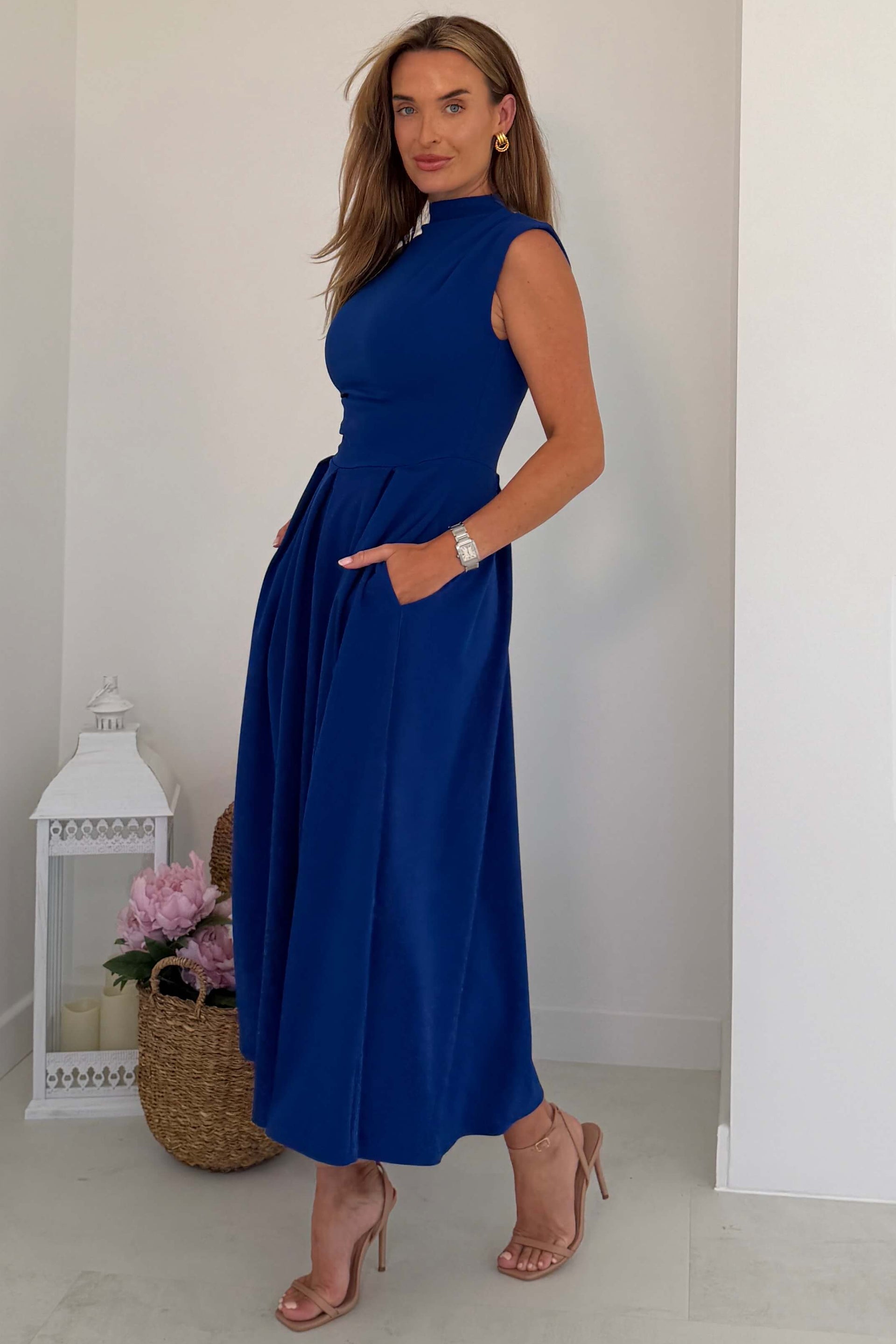 Romy Pleated Neck Midi Dress Cobalt