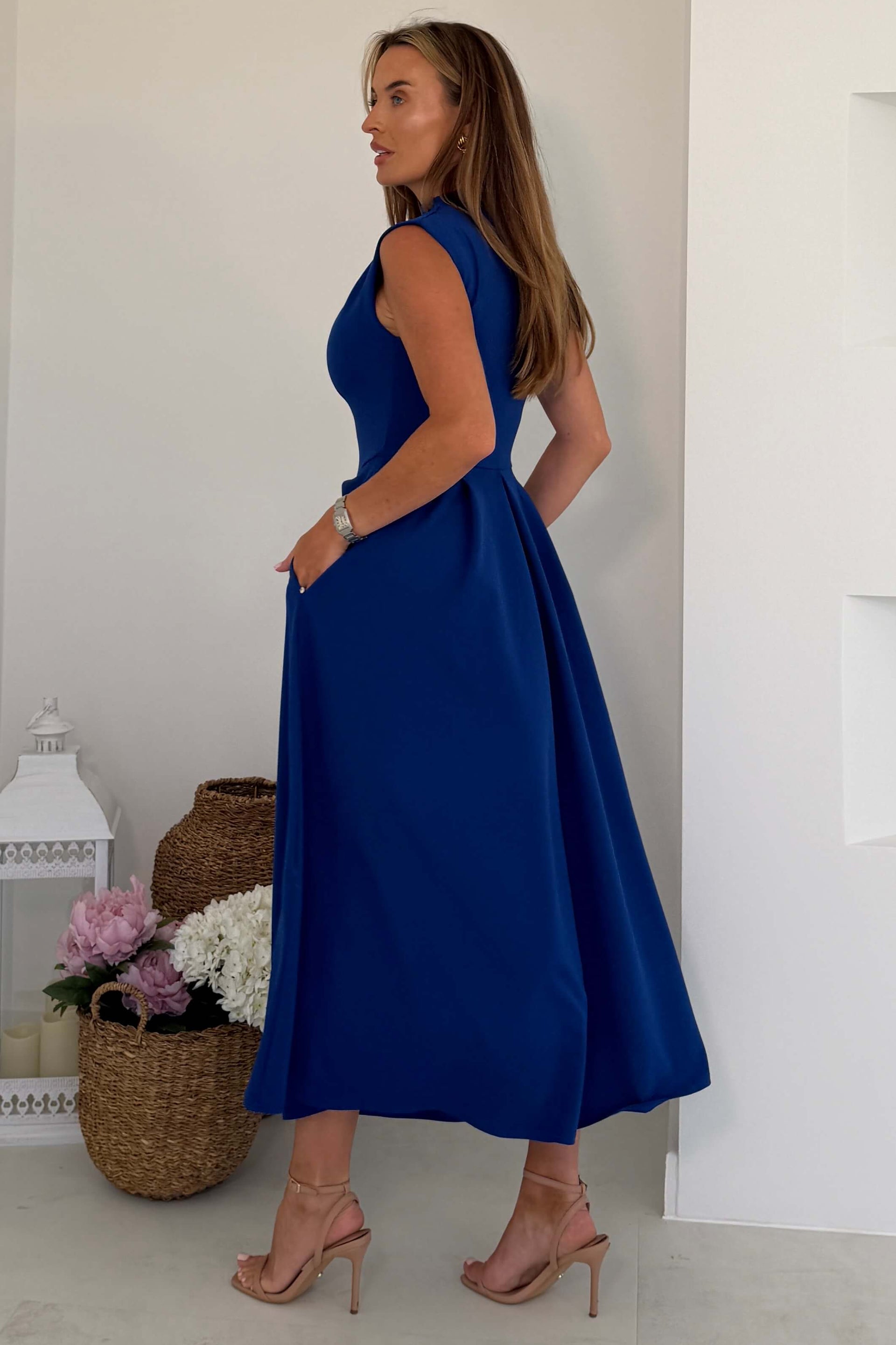 Romy Pleated Neck Midi Dress Cobalt