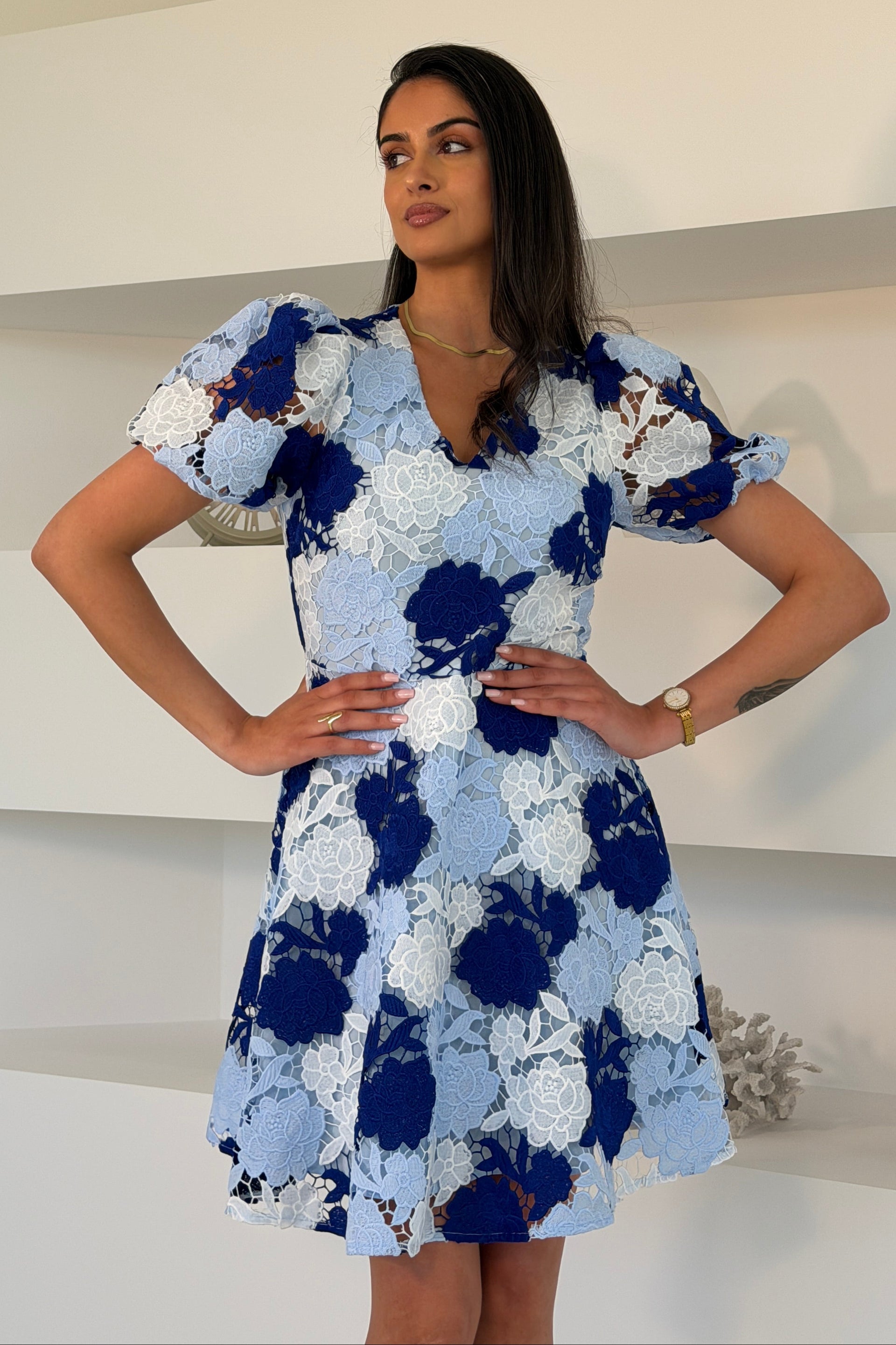 Shree Corded Lace Puff Sleeve Mini Dress Blue