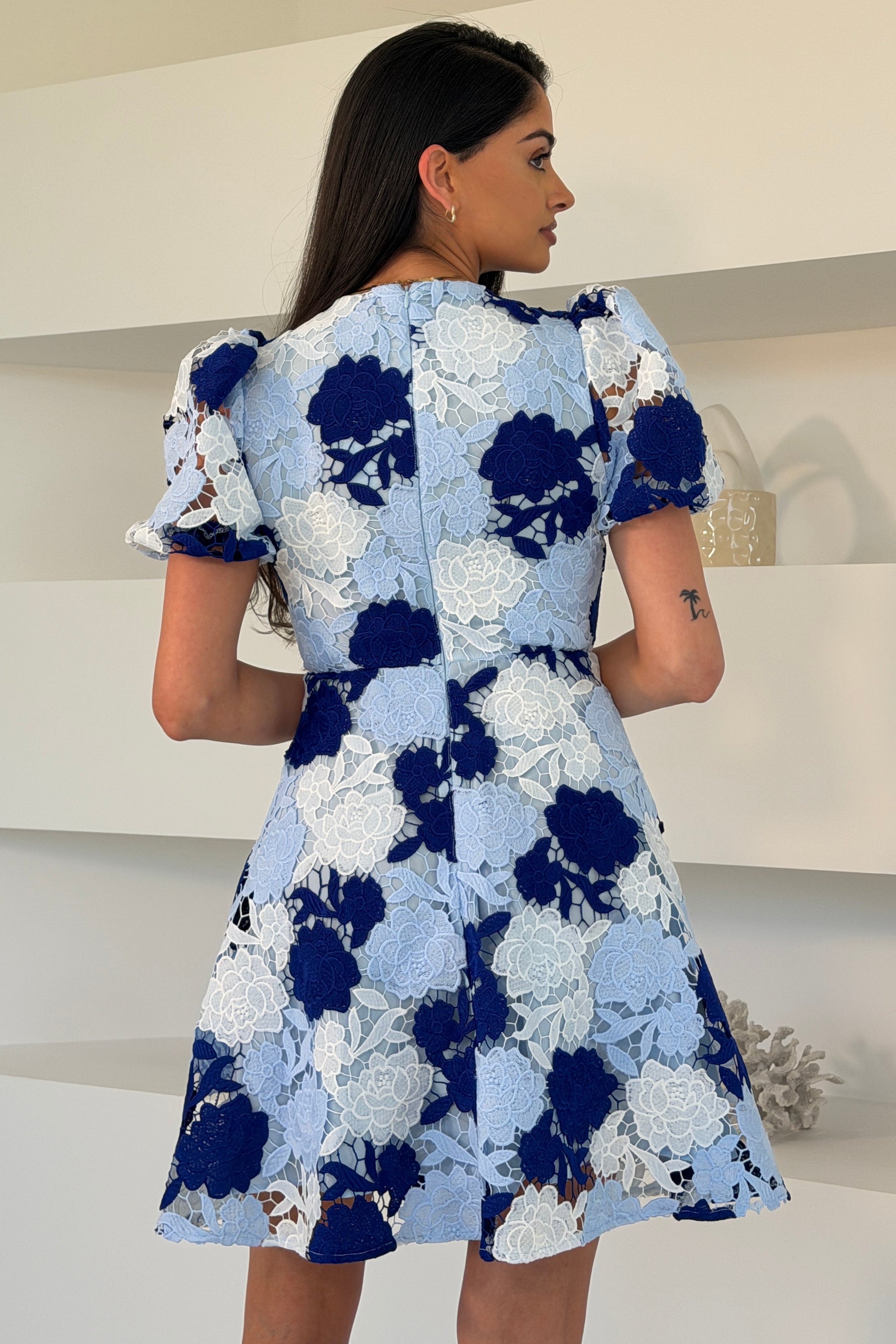 Shree Corded Lace Puff Sleeve Mini Dress Blue