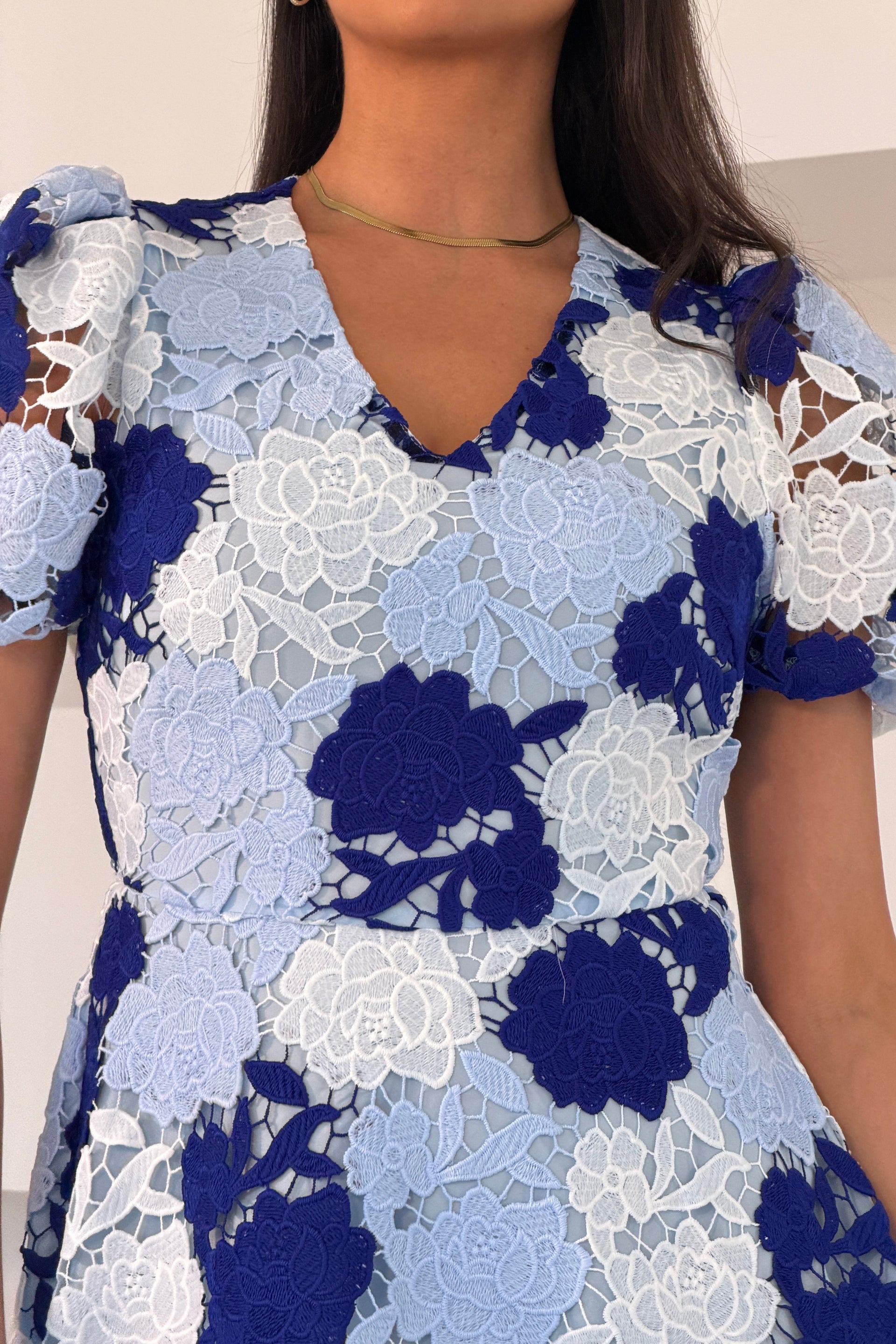Shree Corded Lace Puff Sleeve Mini Dress Blue
