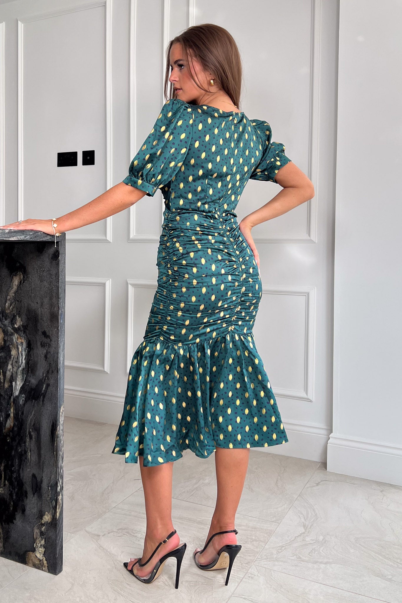 Nylah Emerald With Gold Foil Puff Sleeve Ruching Detail Midi Dress