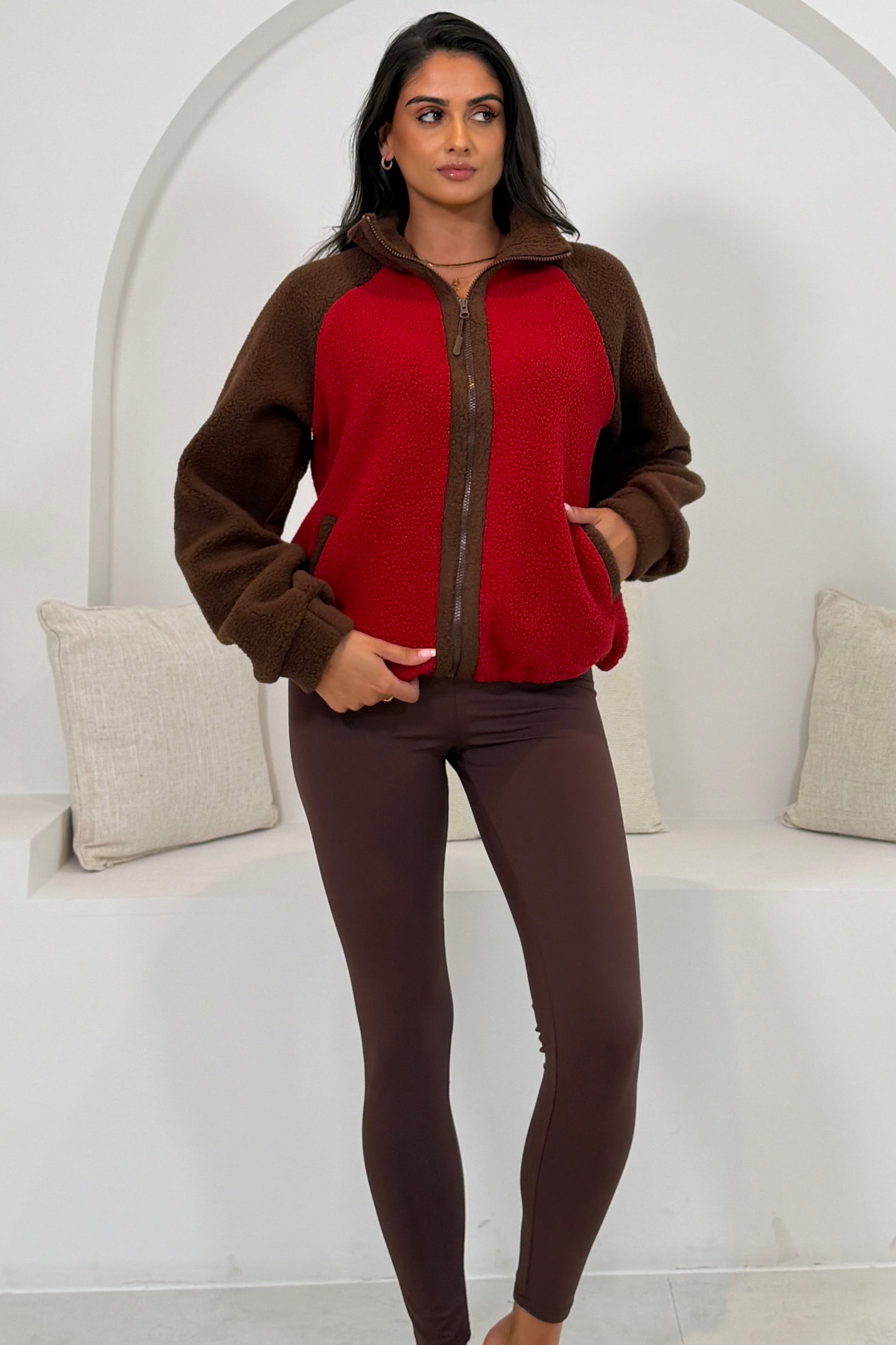 Mimi Contrast Pocket Full Zip Fleece Red