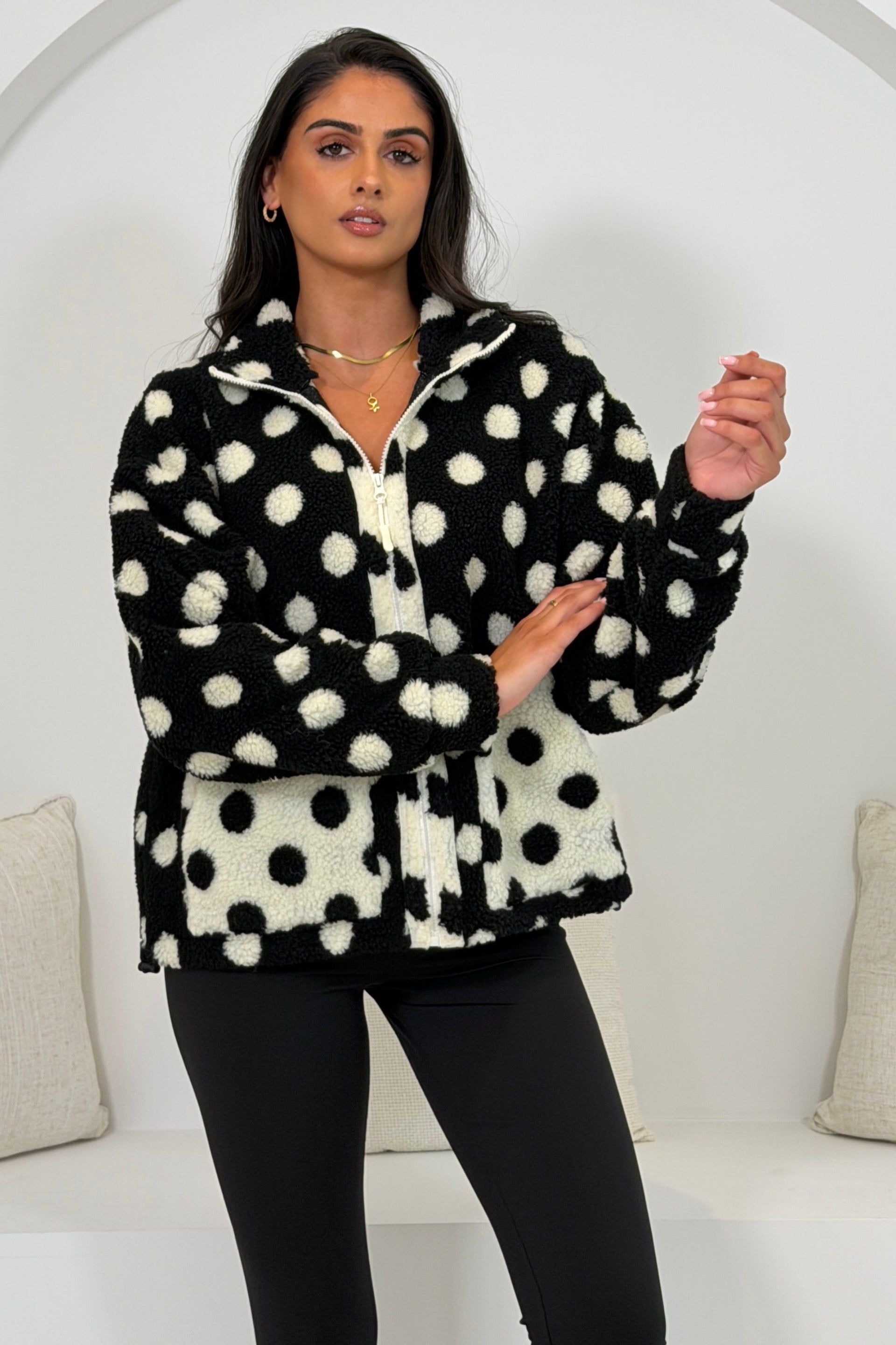 Mimi Polka Dot Full Zip Pocket Fleece Black