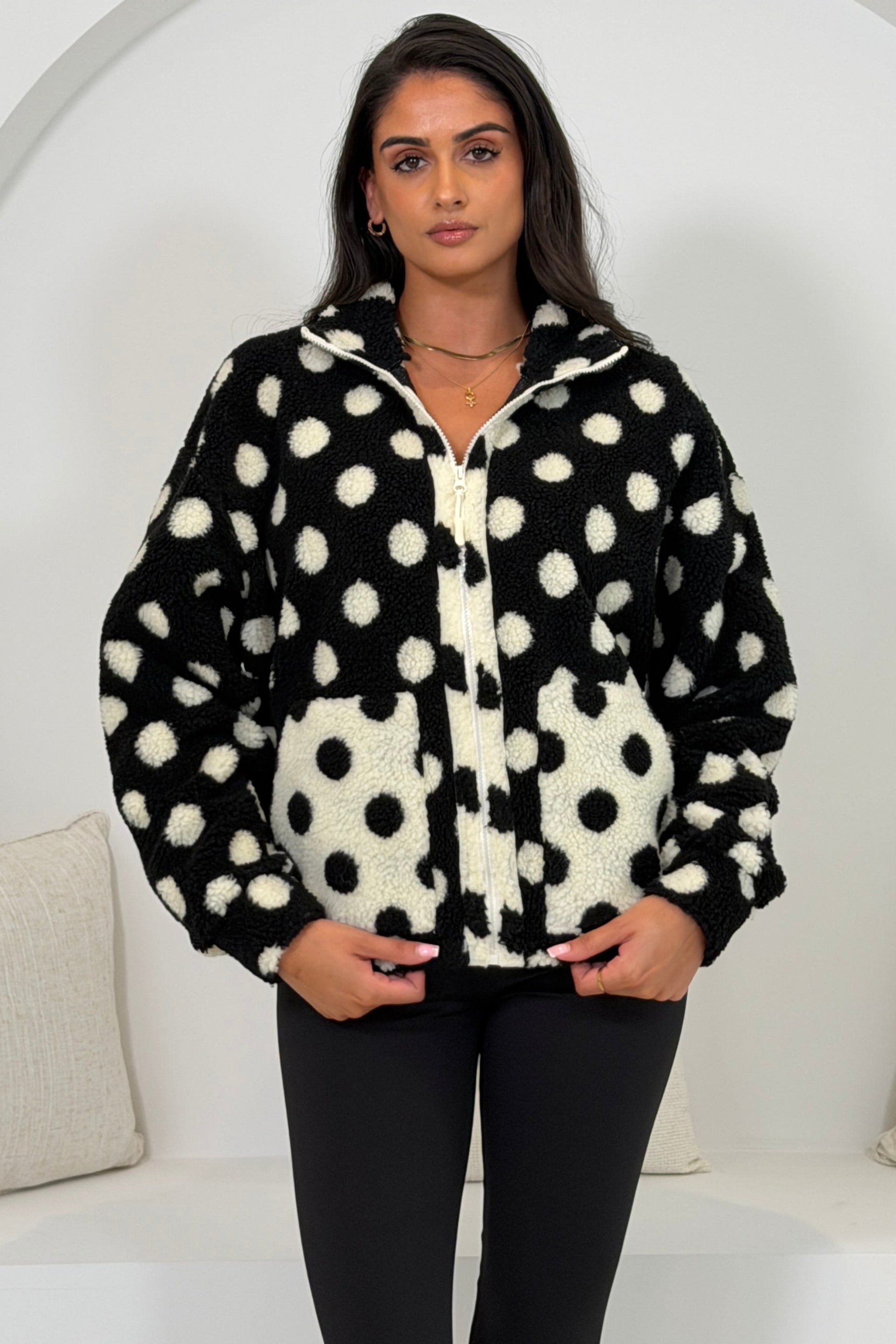 Mimi Polka Dot Full Zip Pocket Fleece Black