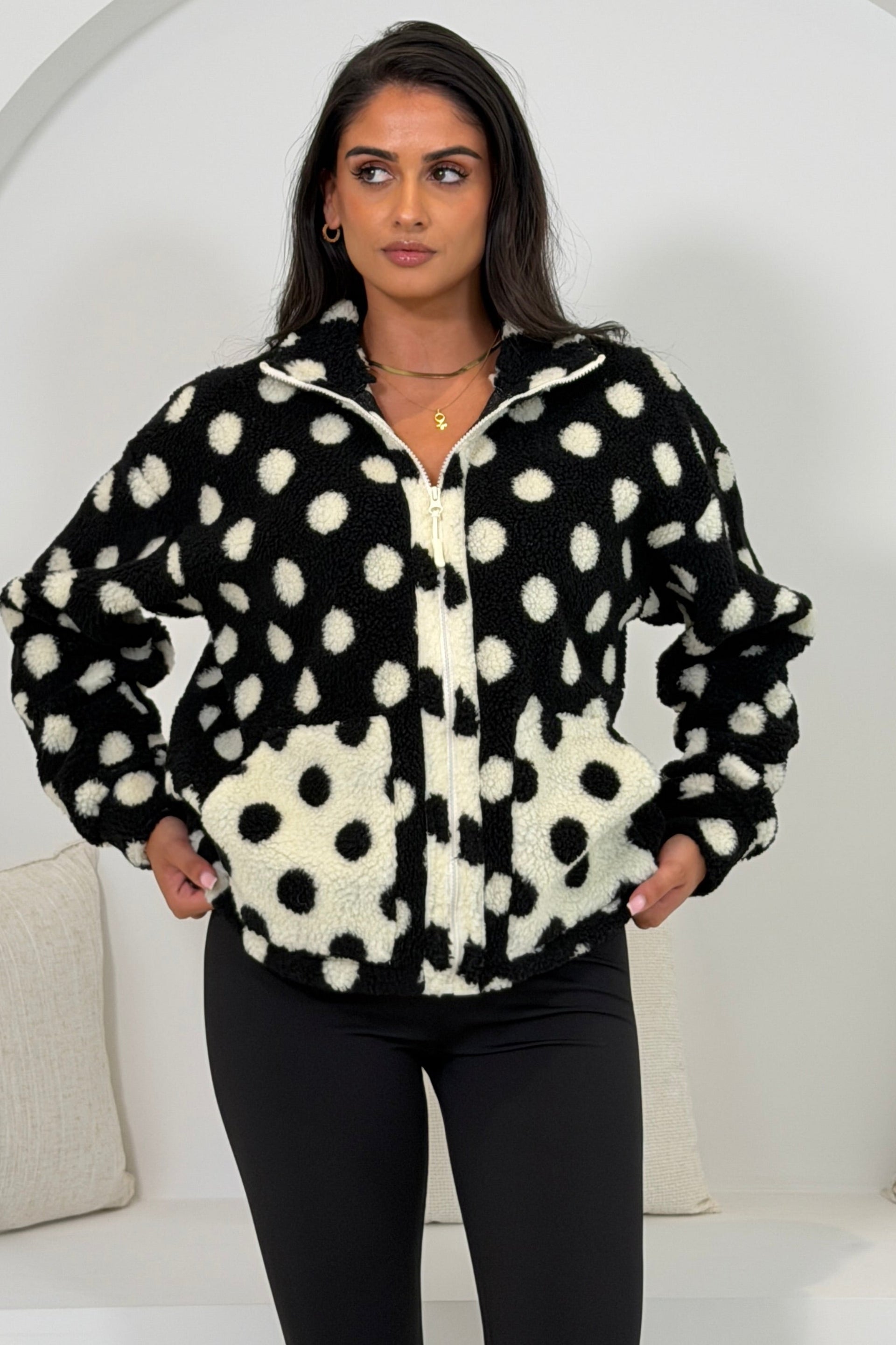 Mimi Polka Dot Full Zip Pocket Fleece Black