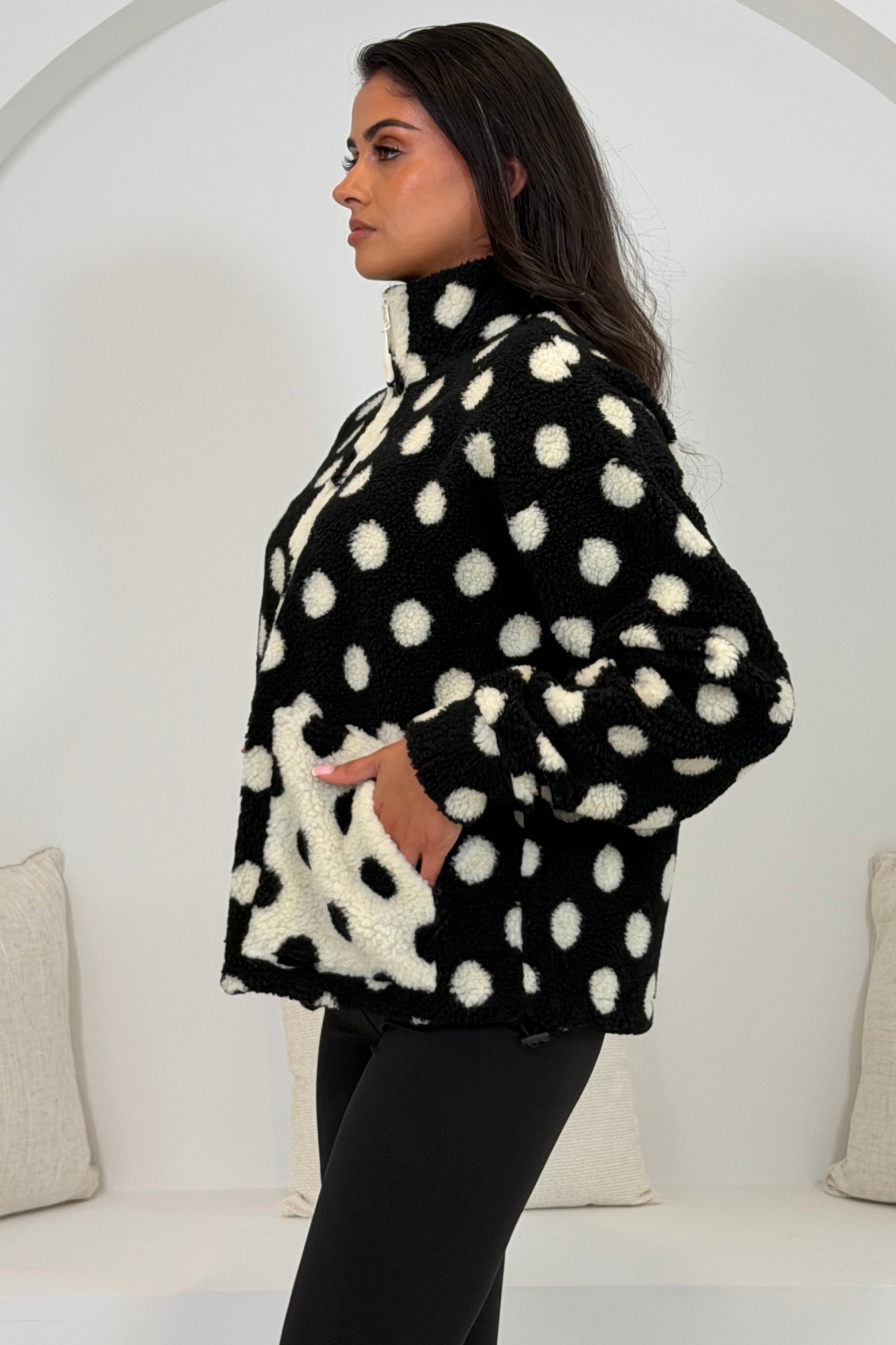 Mimi Polka Dot Full Zip Pocket Fleece Black