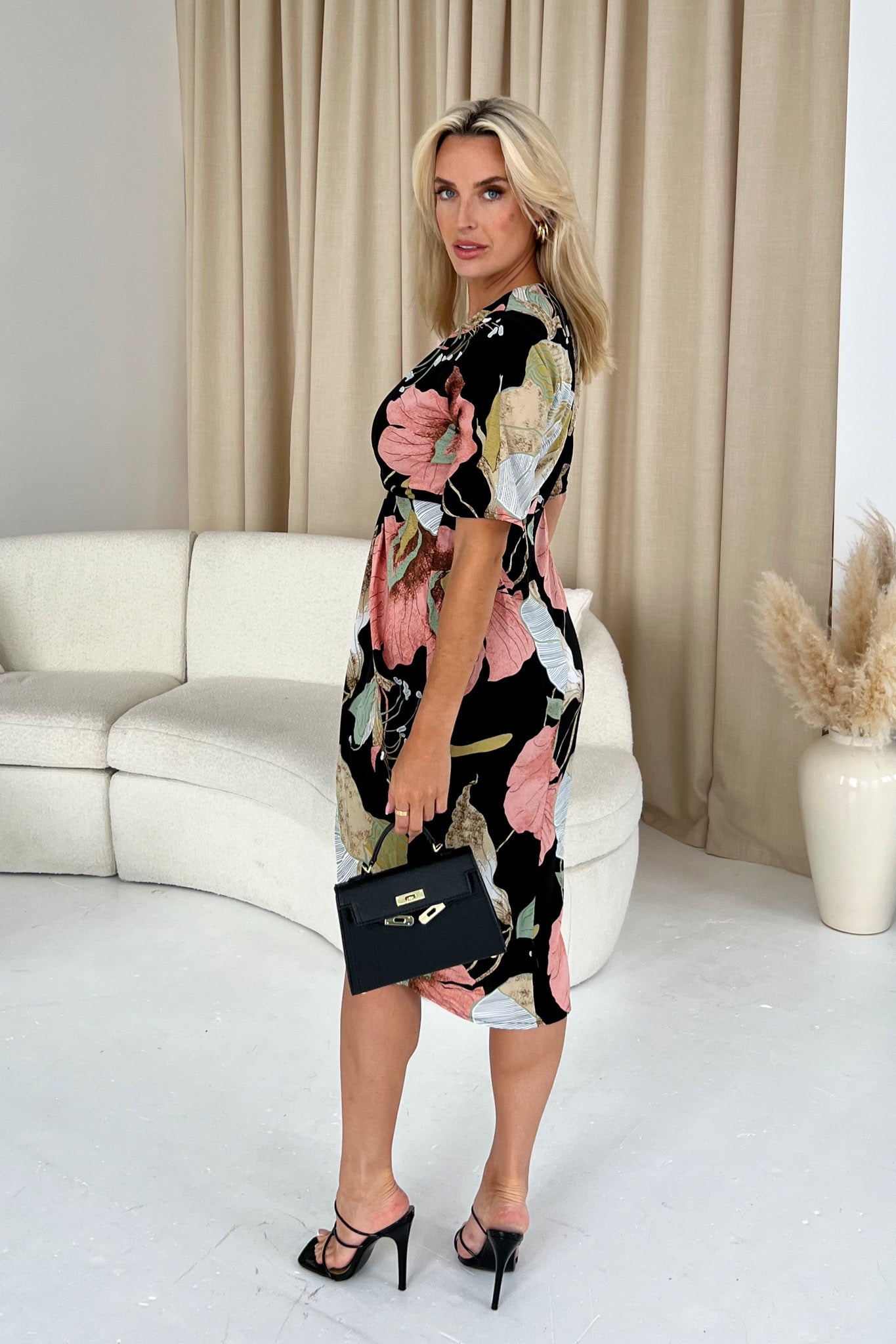 Chelsea Half Sleeve Wrap Detailing Midi Dress Blush Flower Print