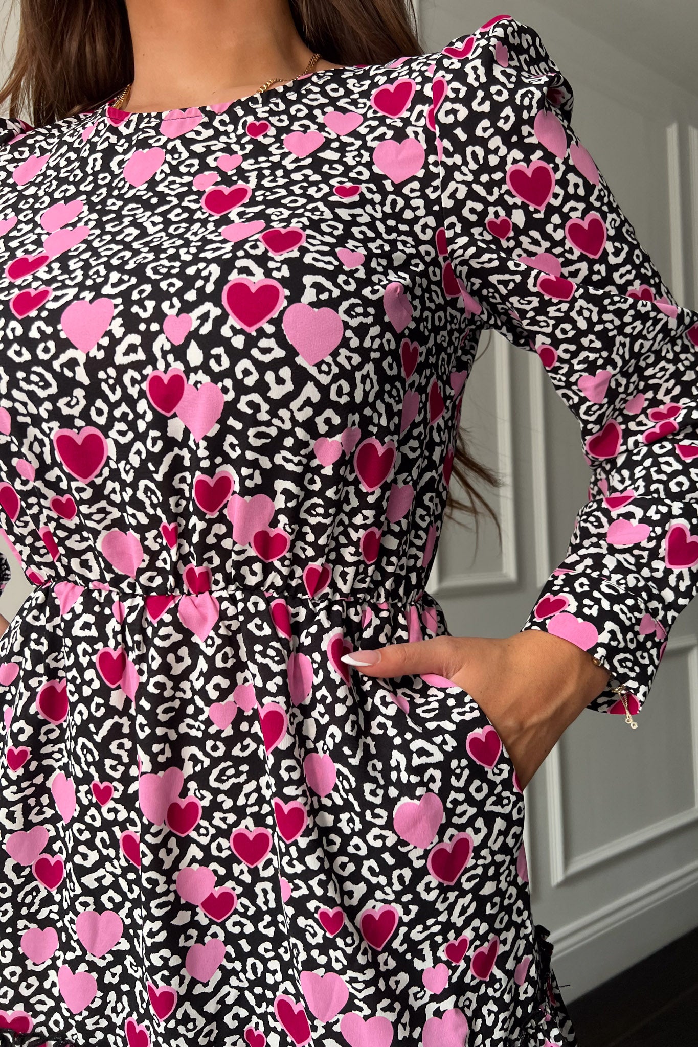 Kehlani Long Sleeve Smock Mini Dress Heart Print
