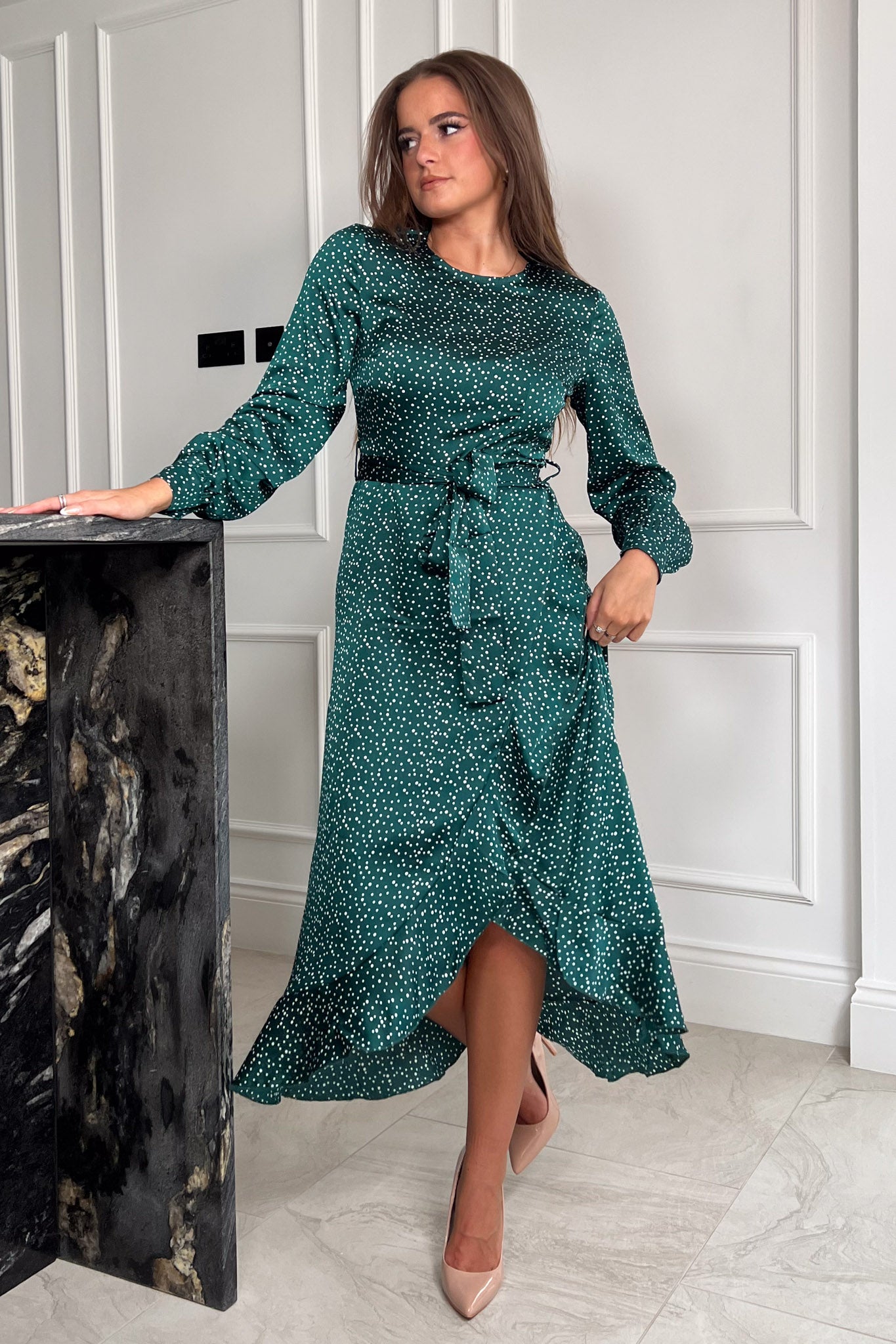 Danica Frill Skirt Long Sleeve Midi Dress Emerald Polka