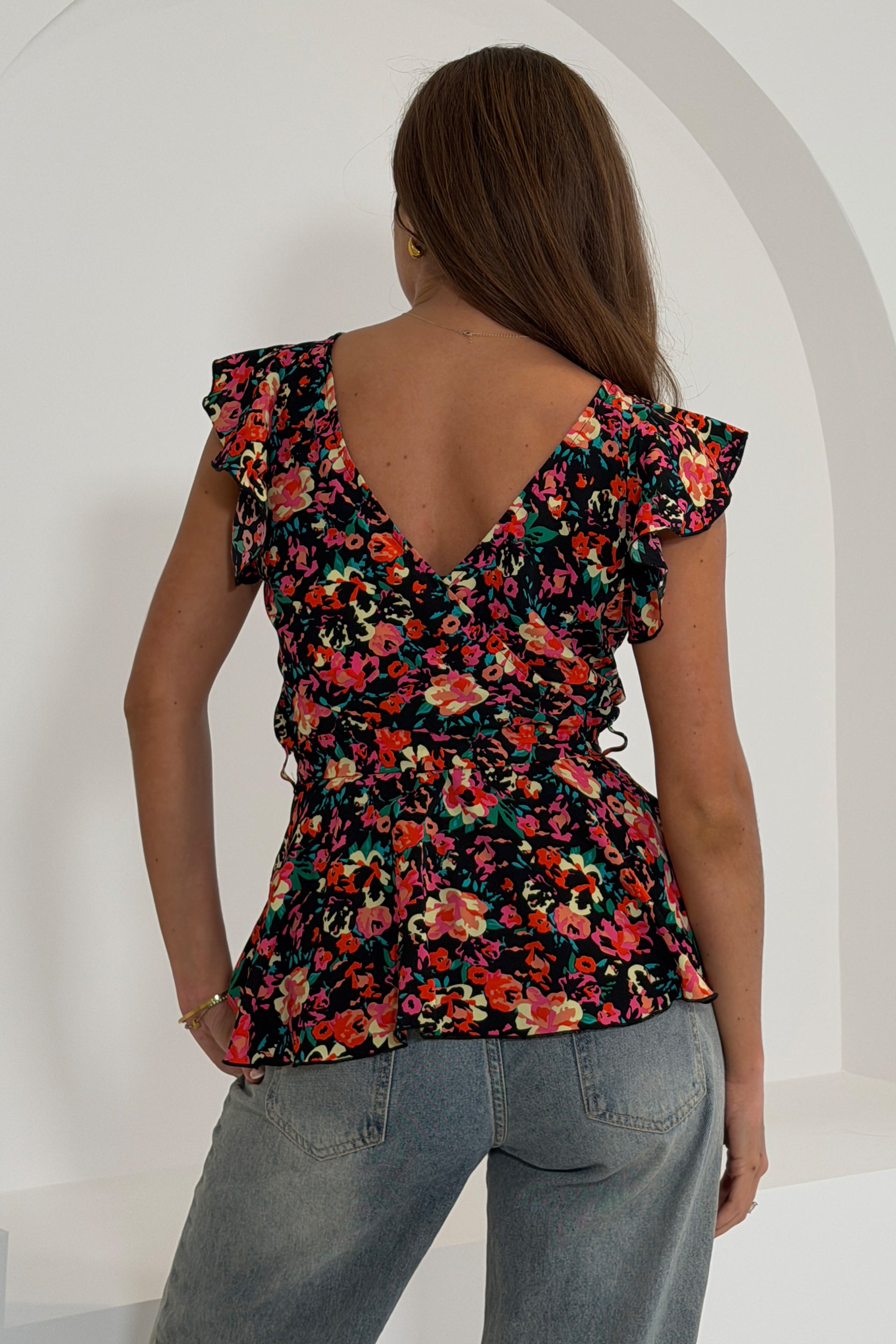 Juniper Black Floral  Frill Detail Wrap Peplum Top