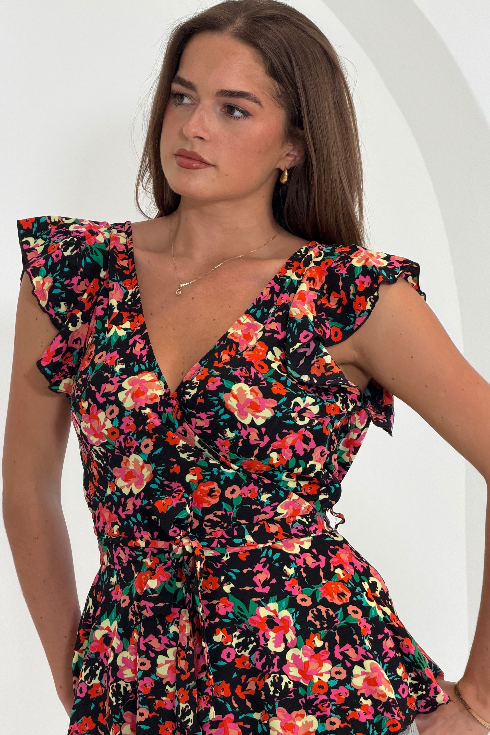 Juniper Black Floral  Frill Detail Wrap Peplum Top
