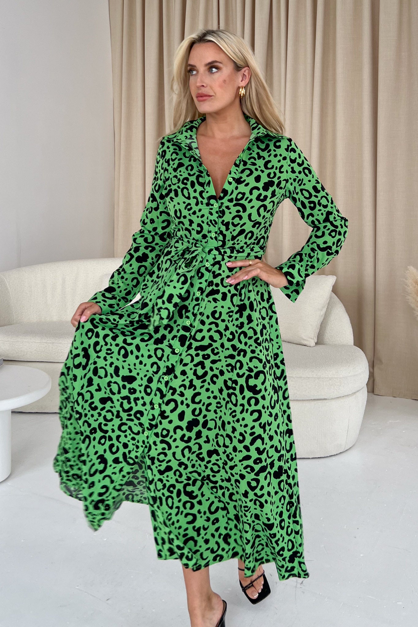 Brielle Long Sleeve Shirt Maxi Dress Green Leopard