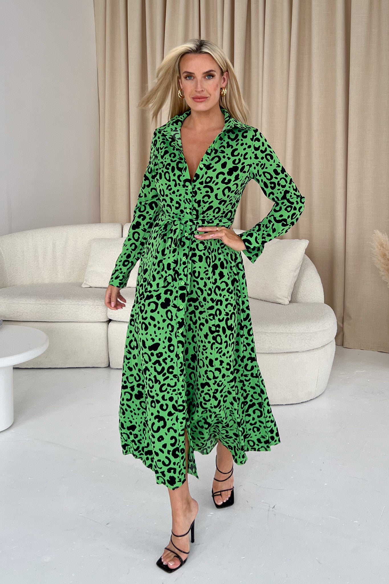 Brielle Long Sleeve Shirt Maxi Dress Green Leopard
