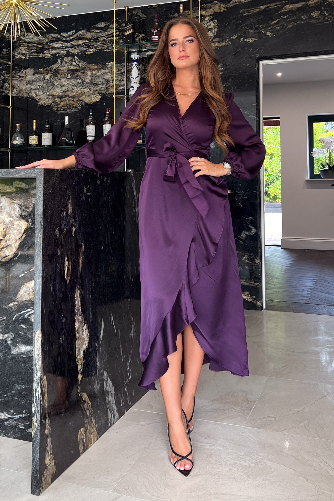 Erin Purple Long Sleeve Split Hem Frill Detail Maxi Dress