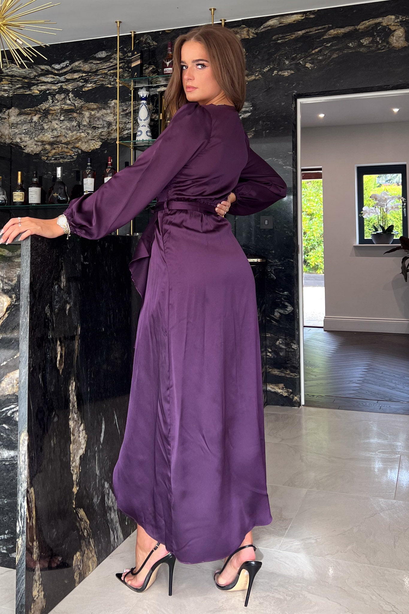 Erin Purple Long Sleeve Split Hem Frill Detail Maxi Dress
