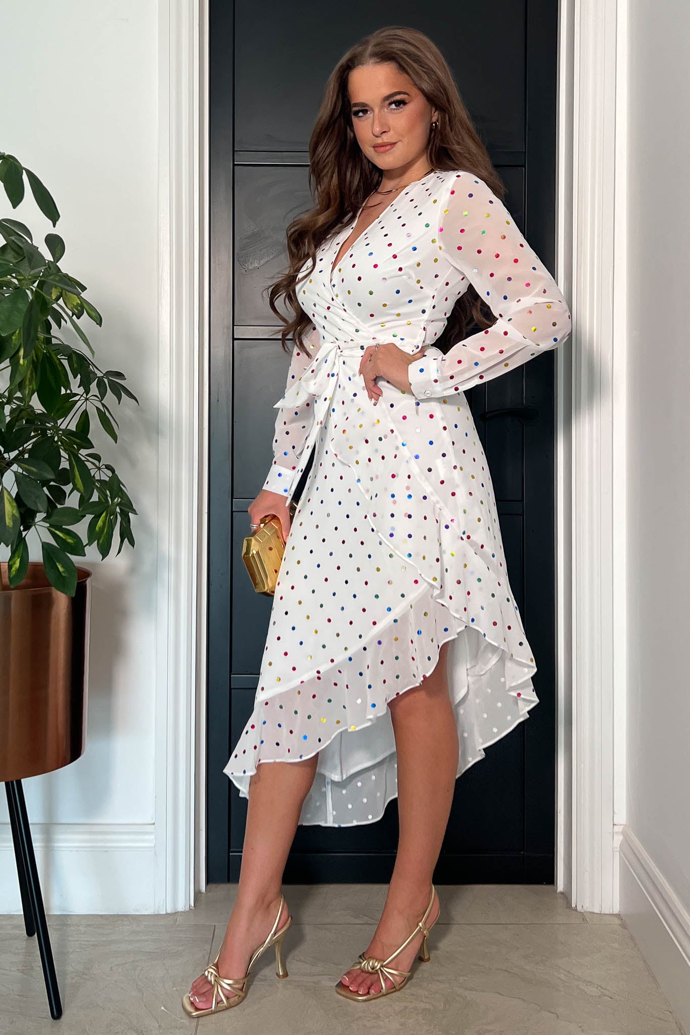 Tanya White & Multi Colour Foil Asymmetric Midi Dress