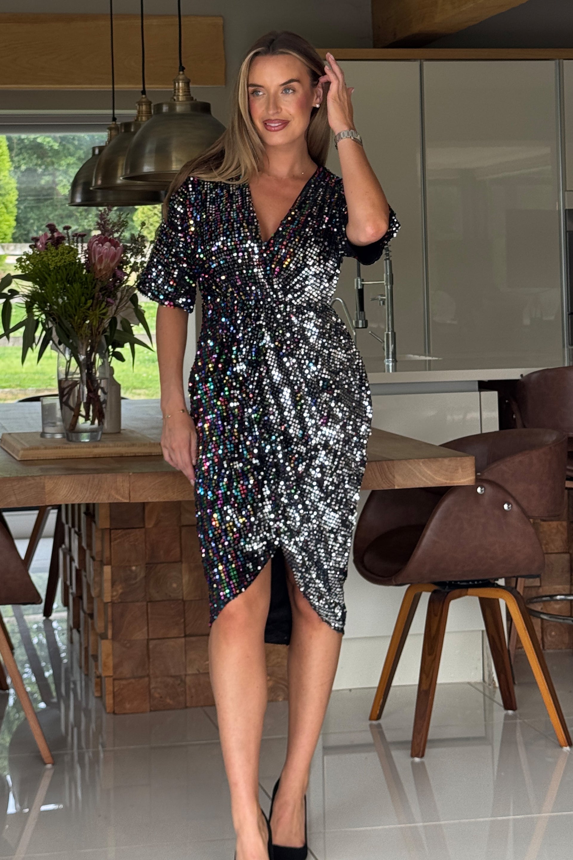 Novah Multi Sequin Wrap Detailing Midi Dress