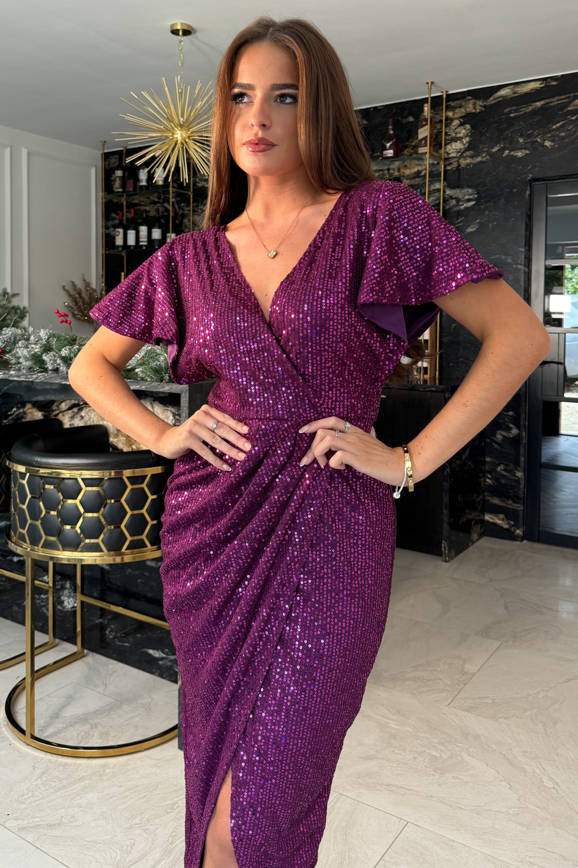 Purple sequin wrap dress best sale