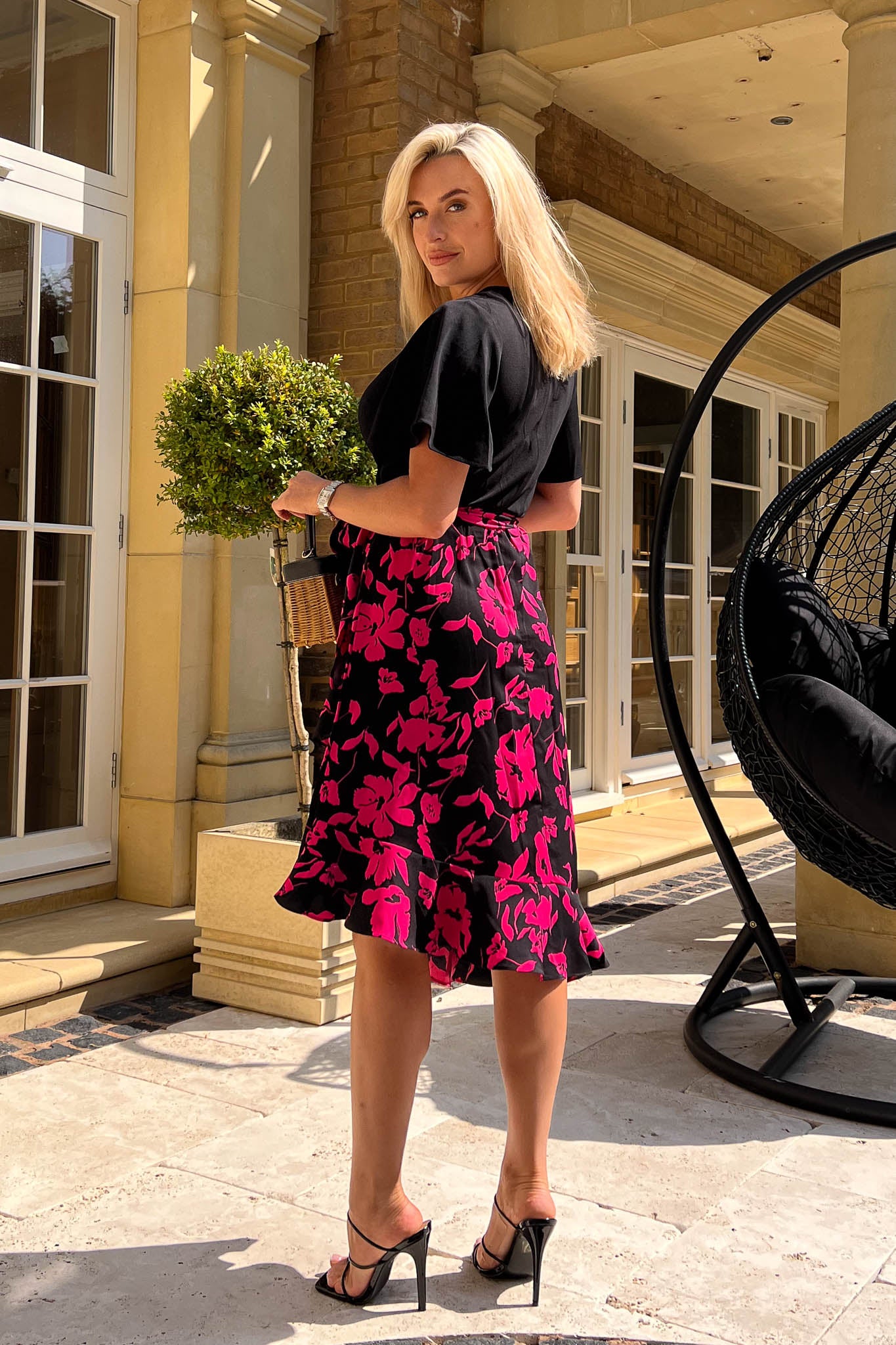Marilyn Pink & Black Floral Asymmetric Midi Dress