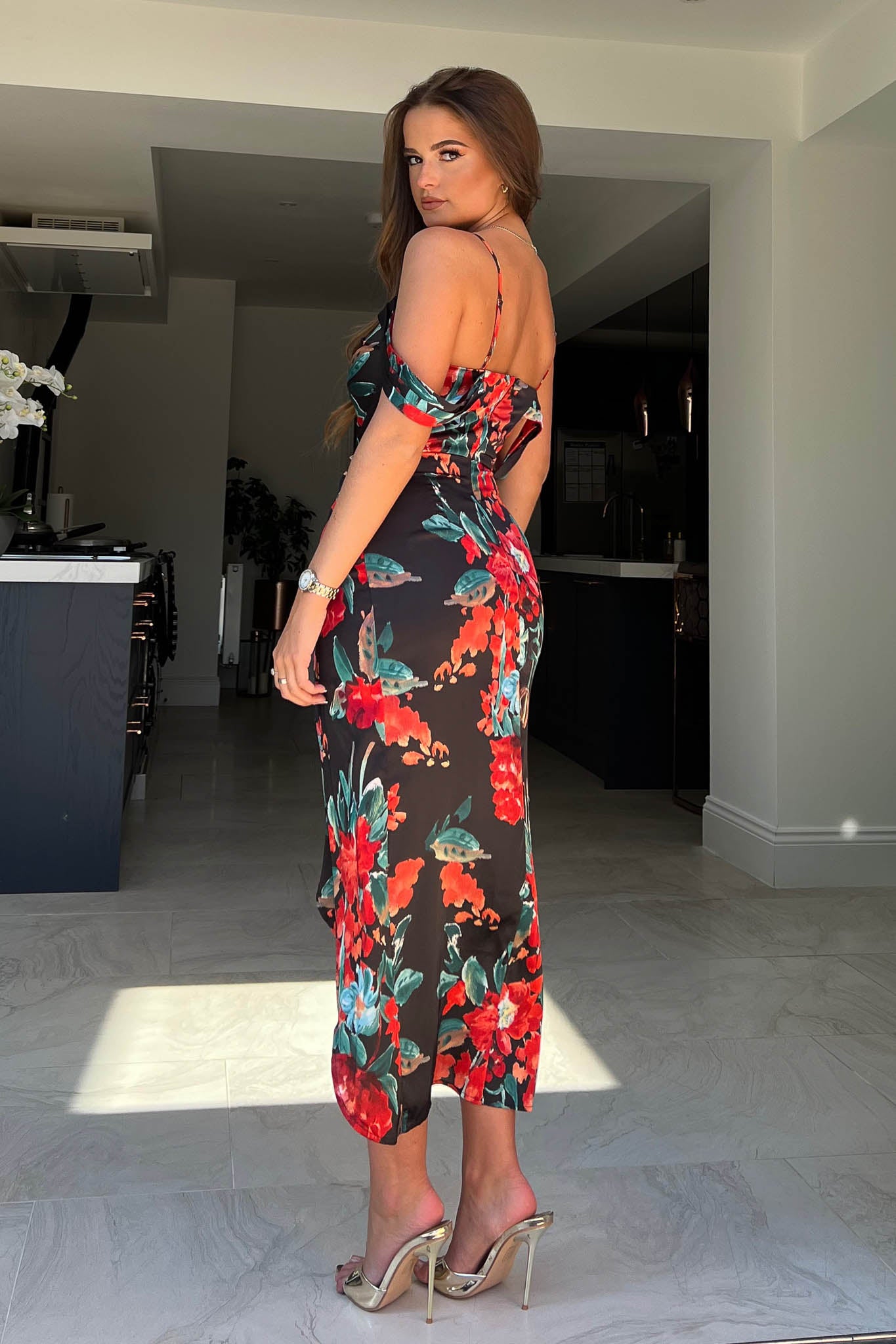 Camila Black & Red Floral Wrap Over Midi Dress