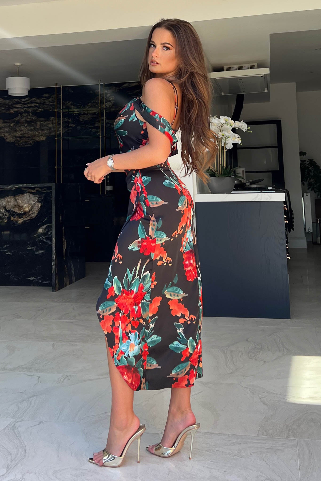Camila Black & Red Floral Wrap Over Midi Dress