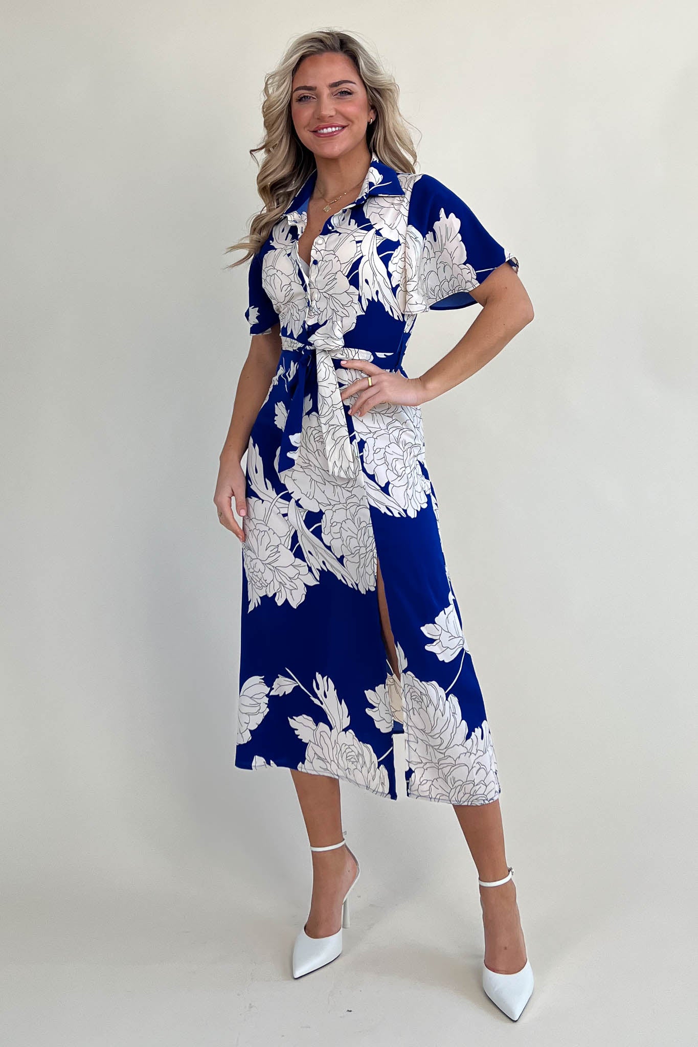 Roxana Cobalt Floral Shirt Detail Midi Dress