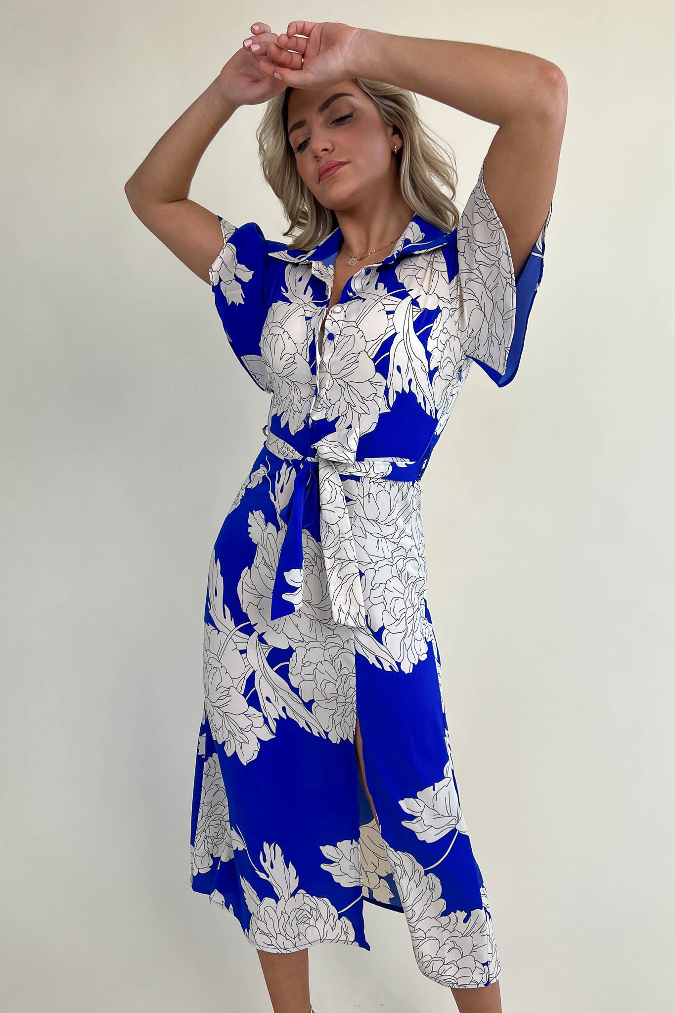 Roxana Cobalt Floral Shirt Detail Midi Dress
