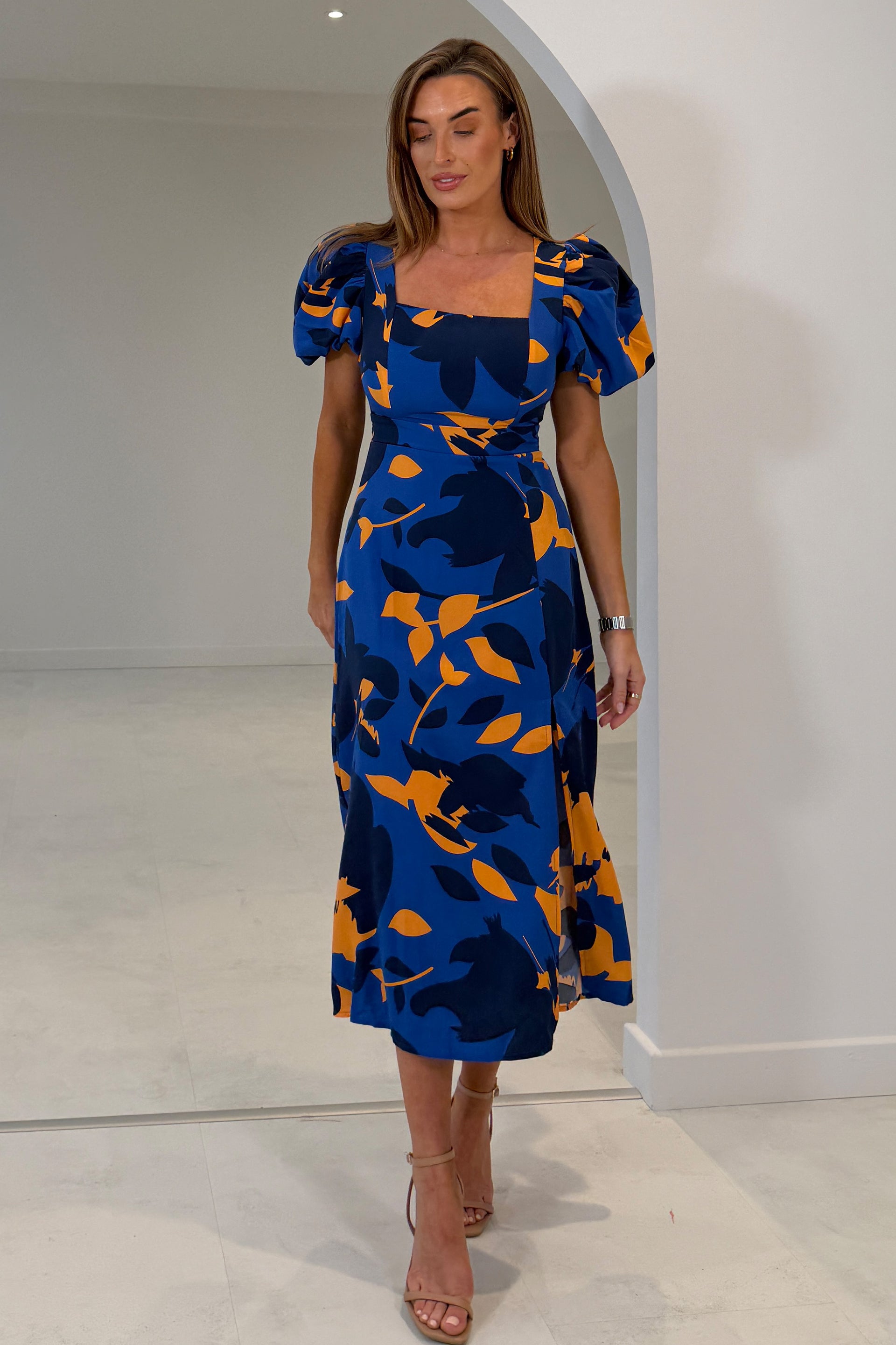 blue dress with oranges Shanice Cobalt & Orange Floral Square Neck Midi Dress – Girl In Mind