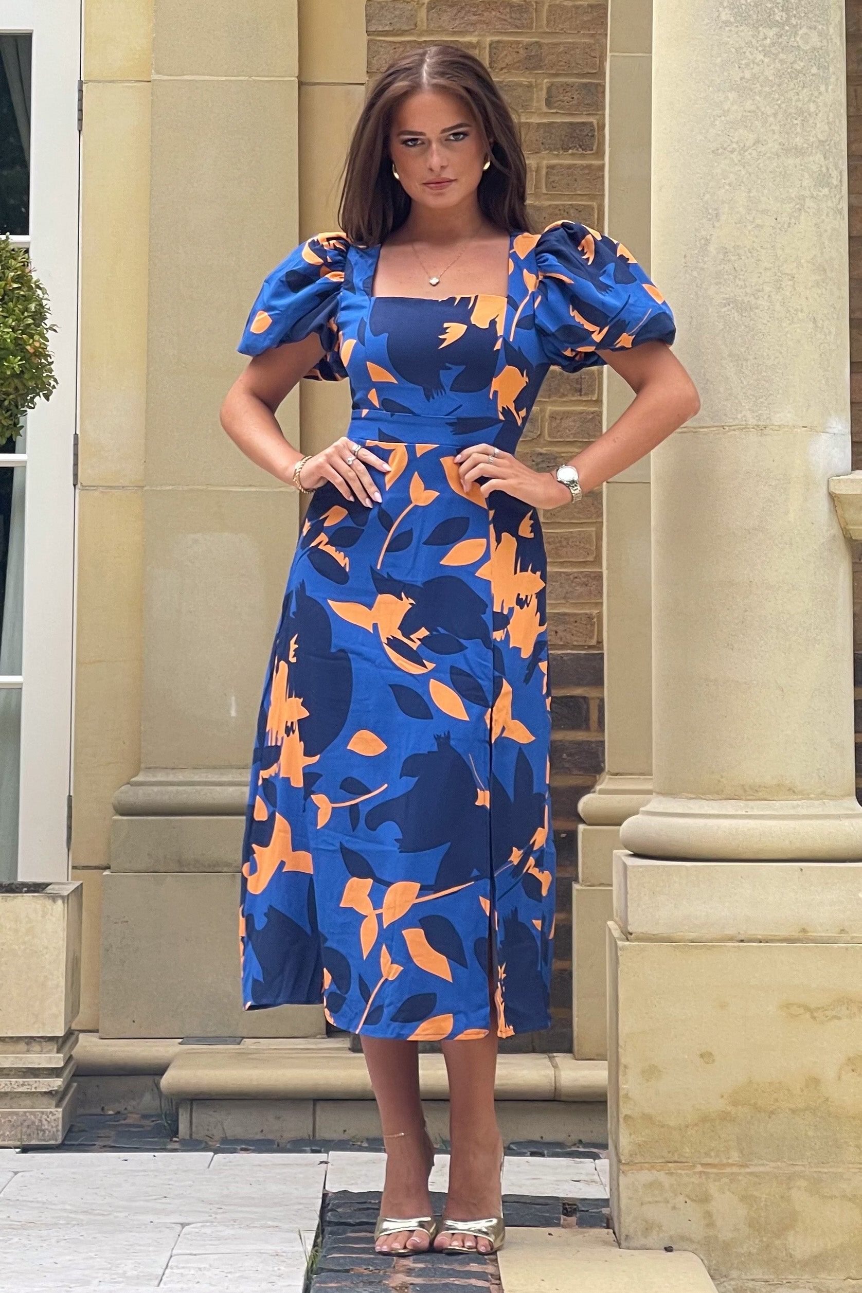 Shanice Cobalt & Orange Floral Square Neck Midi Dress Girl In Mind Shanice Cobalt & Orange Floral Square Neck Midi Dress Girl In Mind