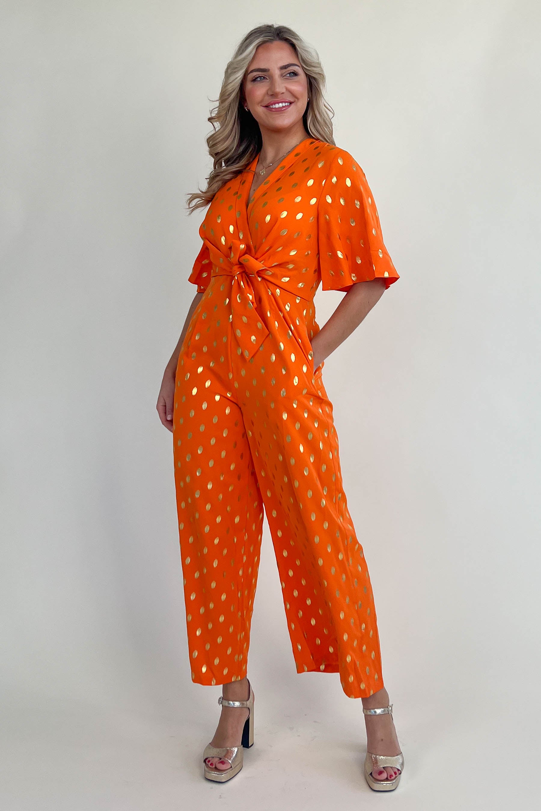 Freya Orange And Gold Foil Wrap Detail Culotte Jumpsuit